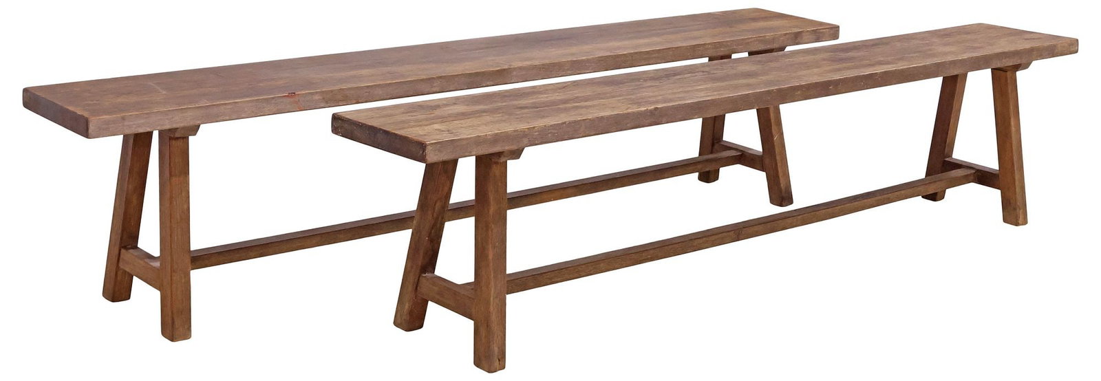 (2) RUSTIC FRENCH PROVINCIAL OAK TRESTLE BENCHES: (pair) Rustic French Provincial oak farmhouse benches, early 20th c., long plank seat, raised on A-frame trestle supports, joined by cross-stretcher, approx 18"h, 78.75"l, 11.75"w