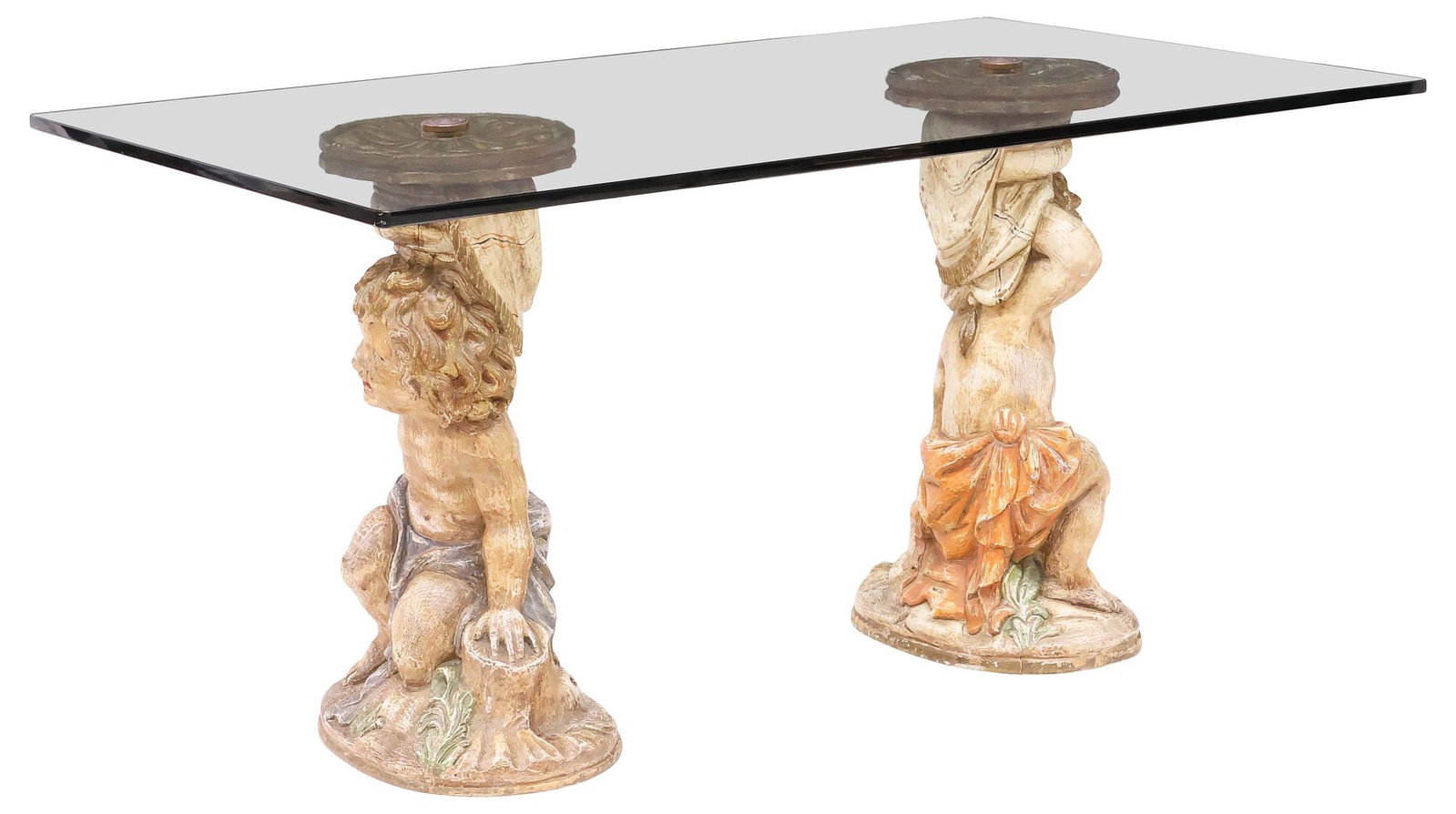 ITALIAN VENETIAN FIGURAL GLASS-TOP & CARVED WOOD COFFEE TABLE: Italian Venetian glass-top coffee table, 20th c., having rectangular beveled glass top, over dual carved and paint-decorated pedestals, each modeled as a draped putti, rising on a naturalistic base, a