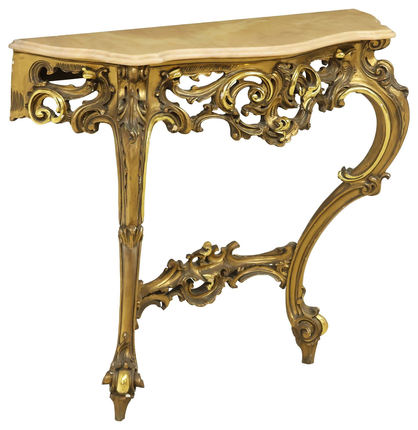 ITALIAN LOUIS XV STYLE MARBLE-TOP GILTWOOD CONSOLE TABLE: Italian Louis XV style giltwood console table, 20th c., shaped marble top in a shellac finish, on pierced base with scrolling foliates, rising on stretcher-joined cabriole legs, ending on whorl feet, 