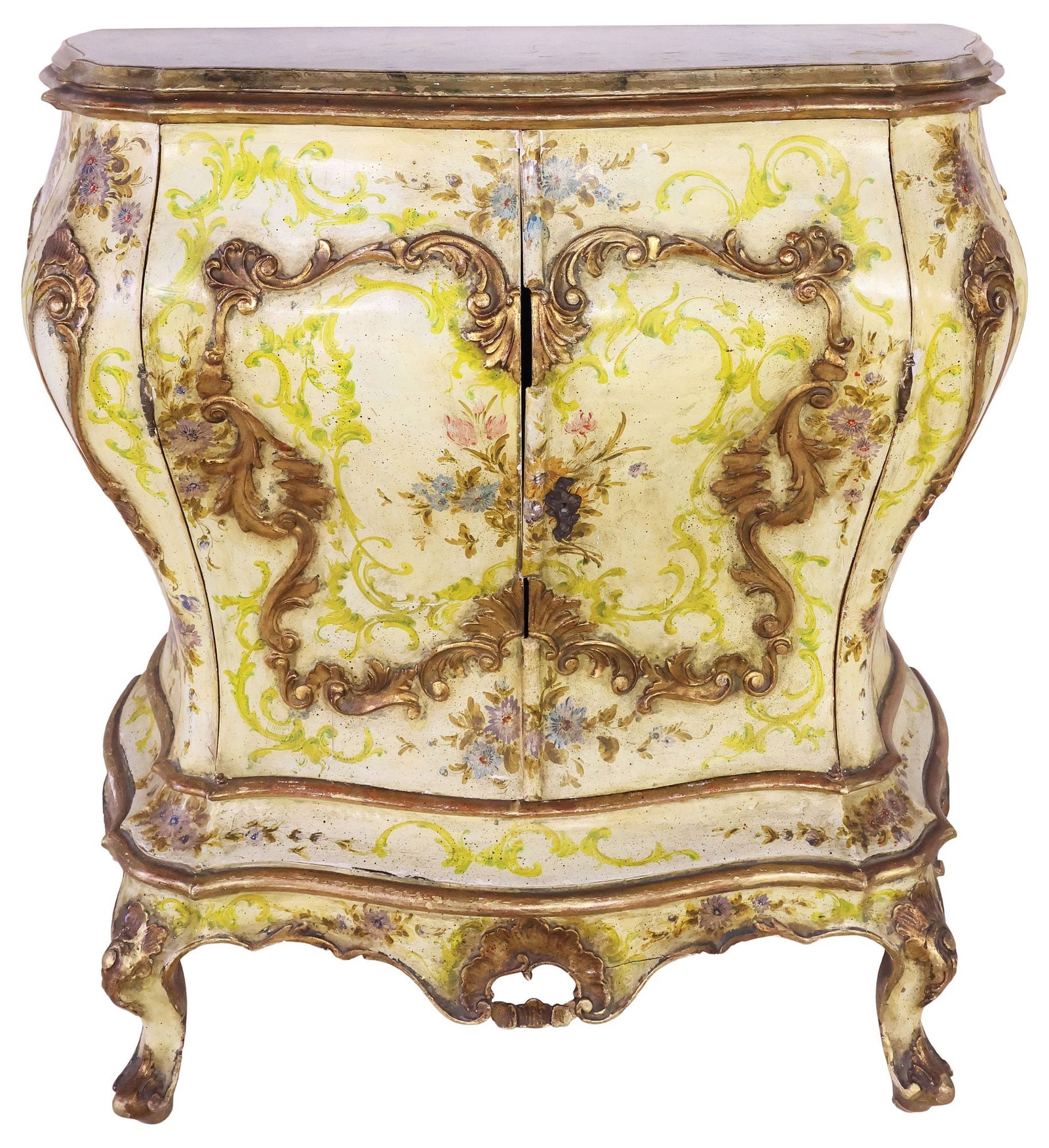 ITALIAN VENETIAN LOUIS XV STYLE PARCEL-GILT PAINTED BOMBE CABINET: Italian Venetian Louis XV style paint-decorated cabinet, early 20th c., shaped bombe case with painted floral spray and parcel-gilt foliated scrollwork, pair of doors enclosing fixed-height shelf, ris