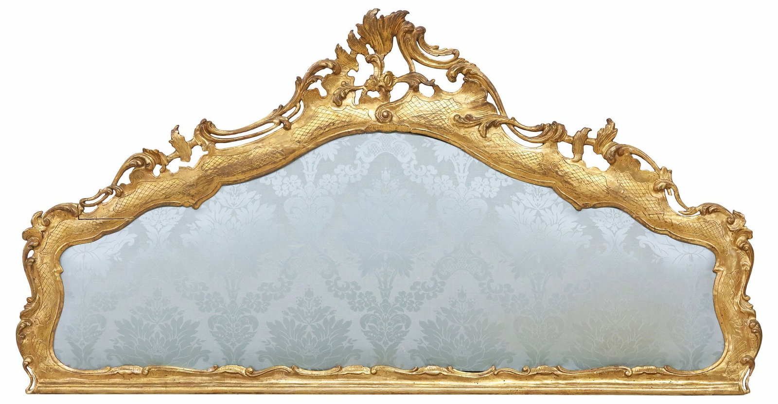 FRENCH LOUIS XV STYLE JACQUARD-UPHOLSTERED GILTWOOD HEADBOARD: French Louis XV style giltwood headboard, early 20th c., openwork scrolling foliate frame, encasing padded back in jacquard upholstery, some gilt painted touch-ups, approx 36"h, 67"w, 18lbs