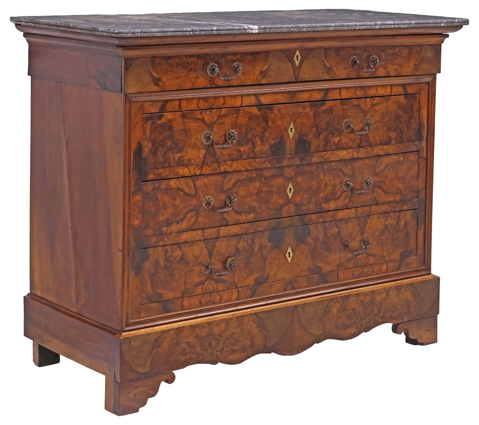 FRENCH LOUIS PHILIPPE PERIOD MARBLE-TOP FIGURED WALNUT COMMODE: French Louis Philippe figured walnut commode, mid 19th c., having rectangular marble top with molded edge, above frieze drawer, and three standard drawers, over scalloped apron, on ogee bracket feet,