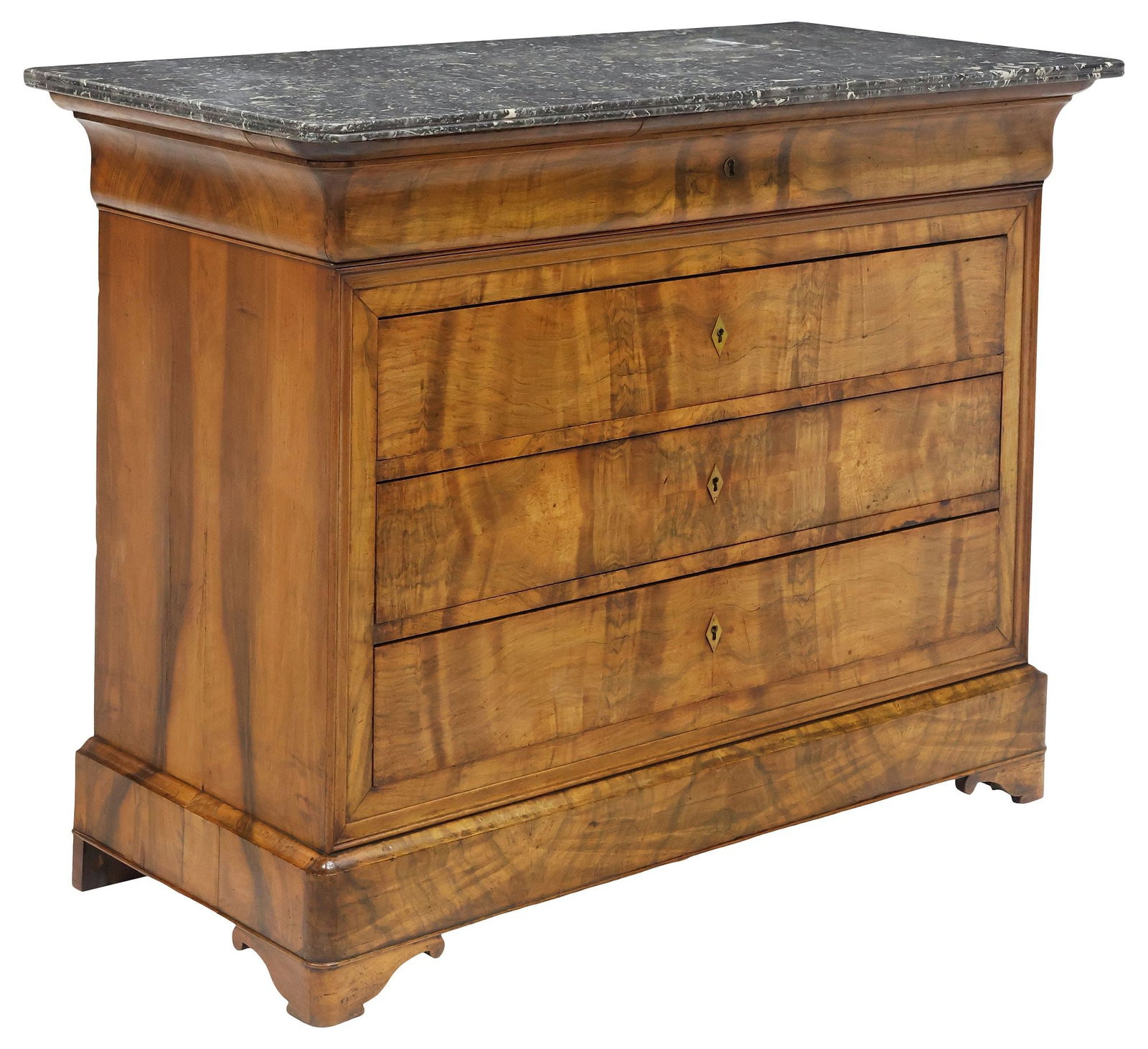 FRENCH LOUIS PHILIPPE PERIOD MARBLE-TOP WALNUT COMMODE: French Louis Philippe figured walnut commode, mid 19th c., rounded rectangular marble top, over ogee frieze drawer, and three standard drawers, on bracket feet, approx 38.75"h, 50"w, 24.5"d