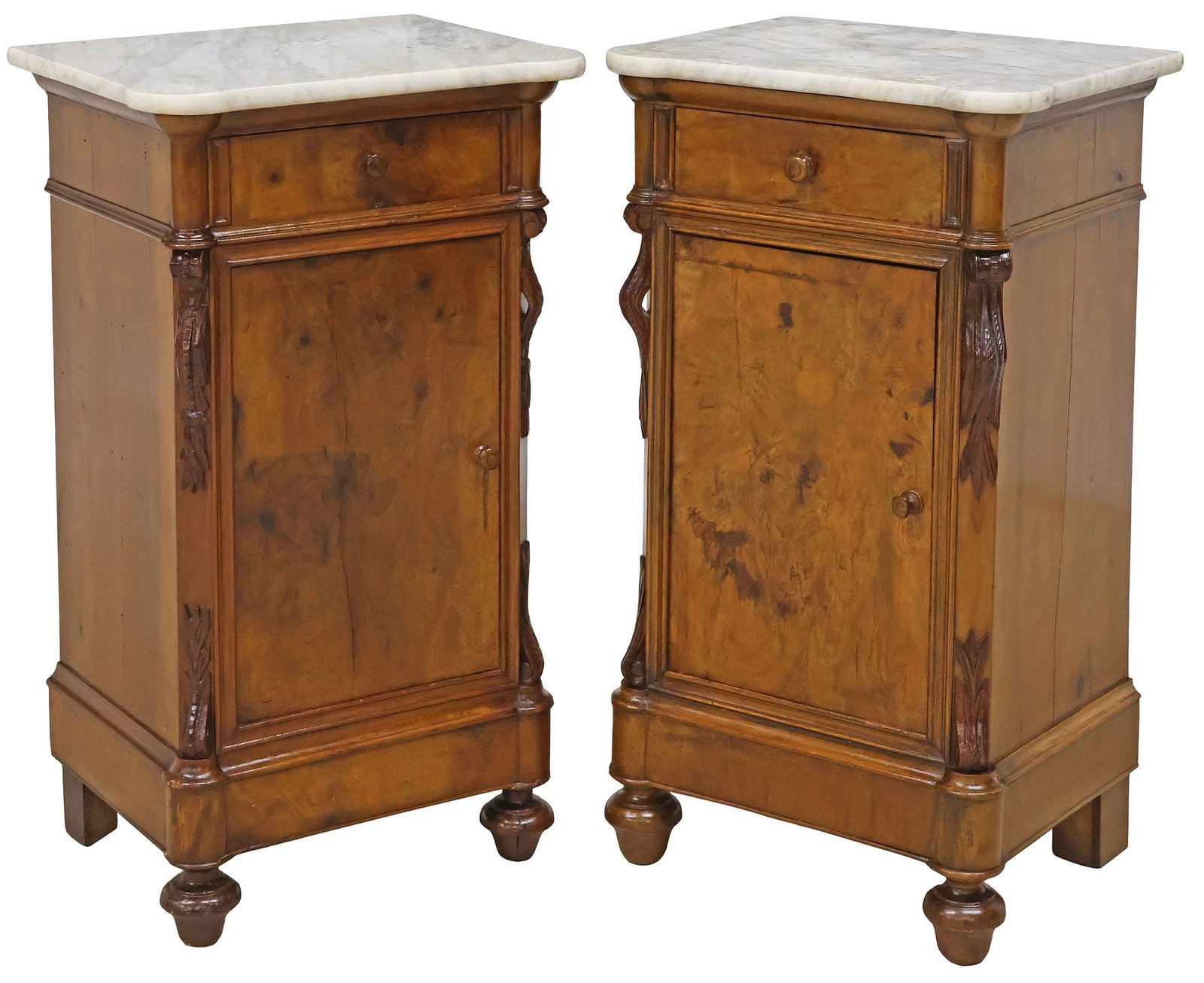 (2) ITALIAN PIETRO SAVIO MARBLE-TOP WALNUT BEDSIDE CABINETS, 19TH C. (1 of 7)