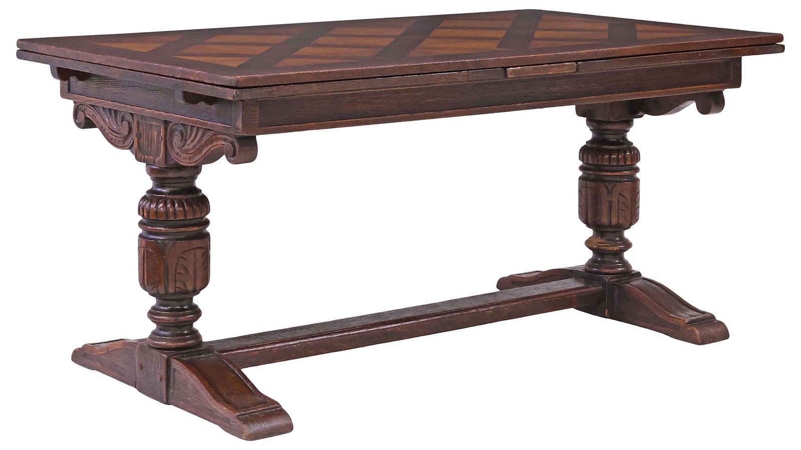 JACOBEAN STYLE PARQUET-TOP OAK DRAW-LEAF DINING TABLE (1 of 5)