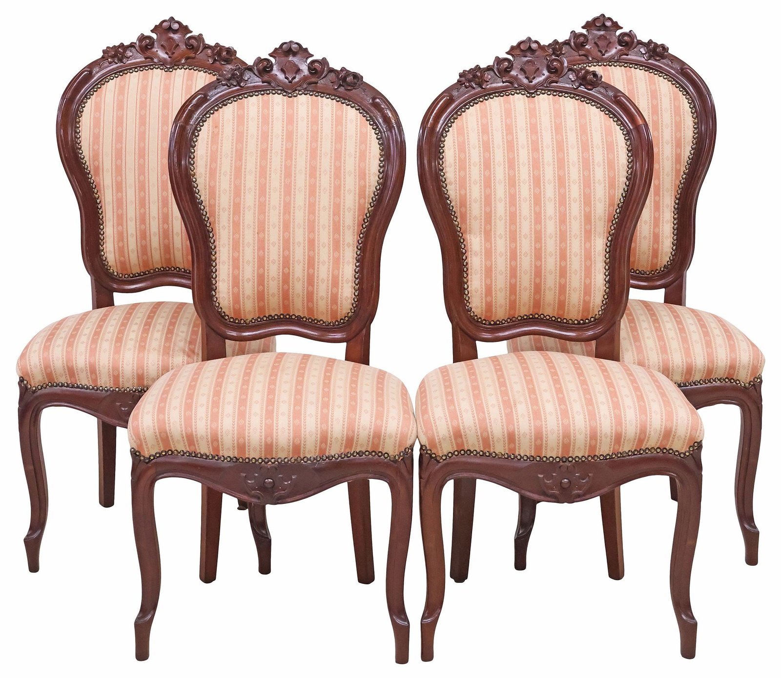 (4) ITALIAN LOUIS XV STYLE CARVED & UPHOLSTERED WALNUT DINING CHAIRS: (lot of 4) Italian Louis XV style walnut dining chairs, late 19th c., having scrolled cartouche crest with floral motifs, over shaped back and seat in a later striped upholstery, nail-head trim, risin