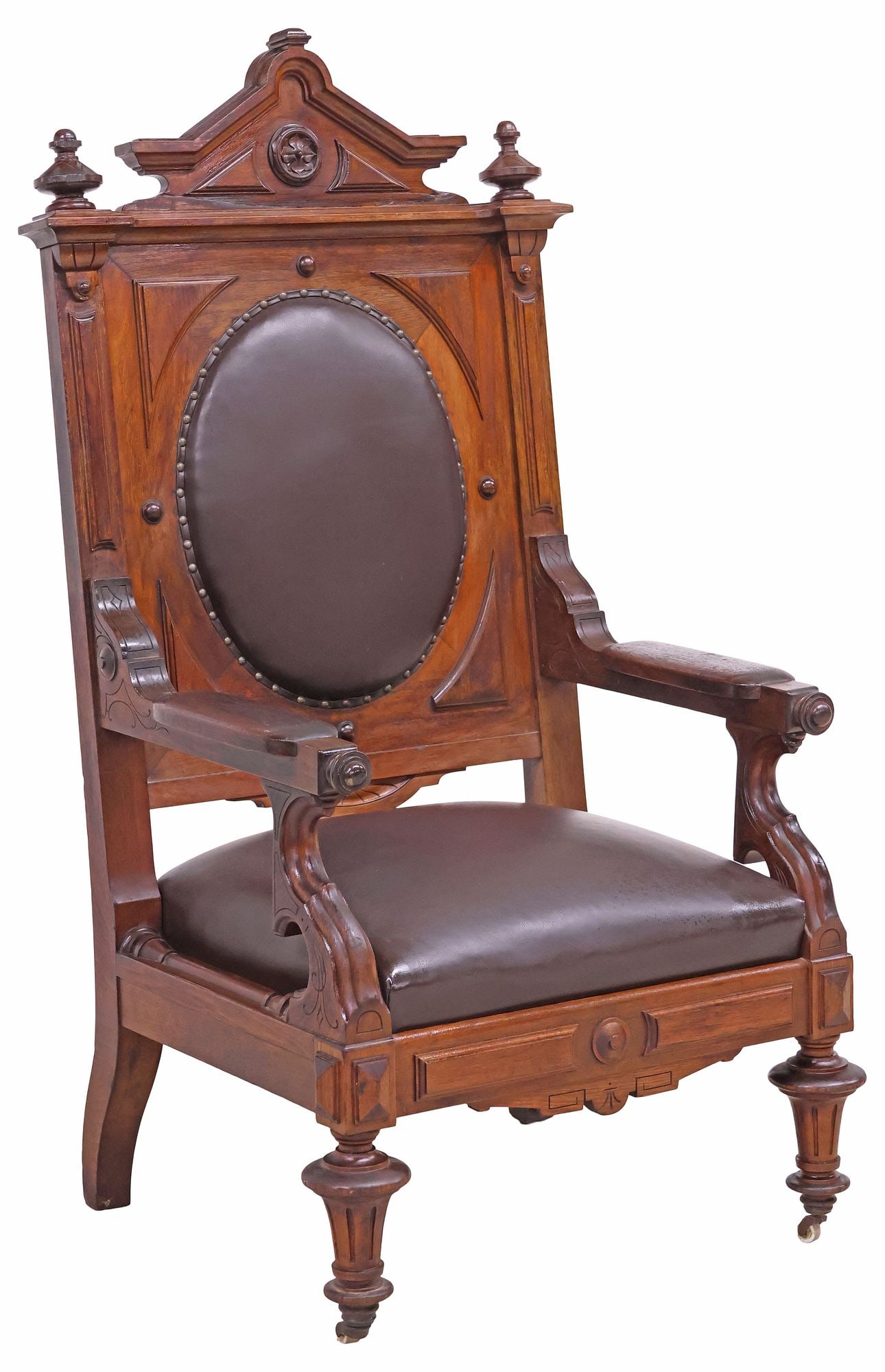 AMERICAN VICTORIAN EASTLAKE LEATHER & CARVED WALNUT ARMCHAIR (1 of 3)