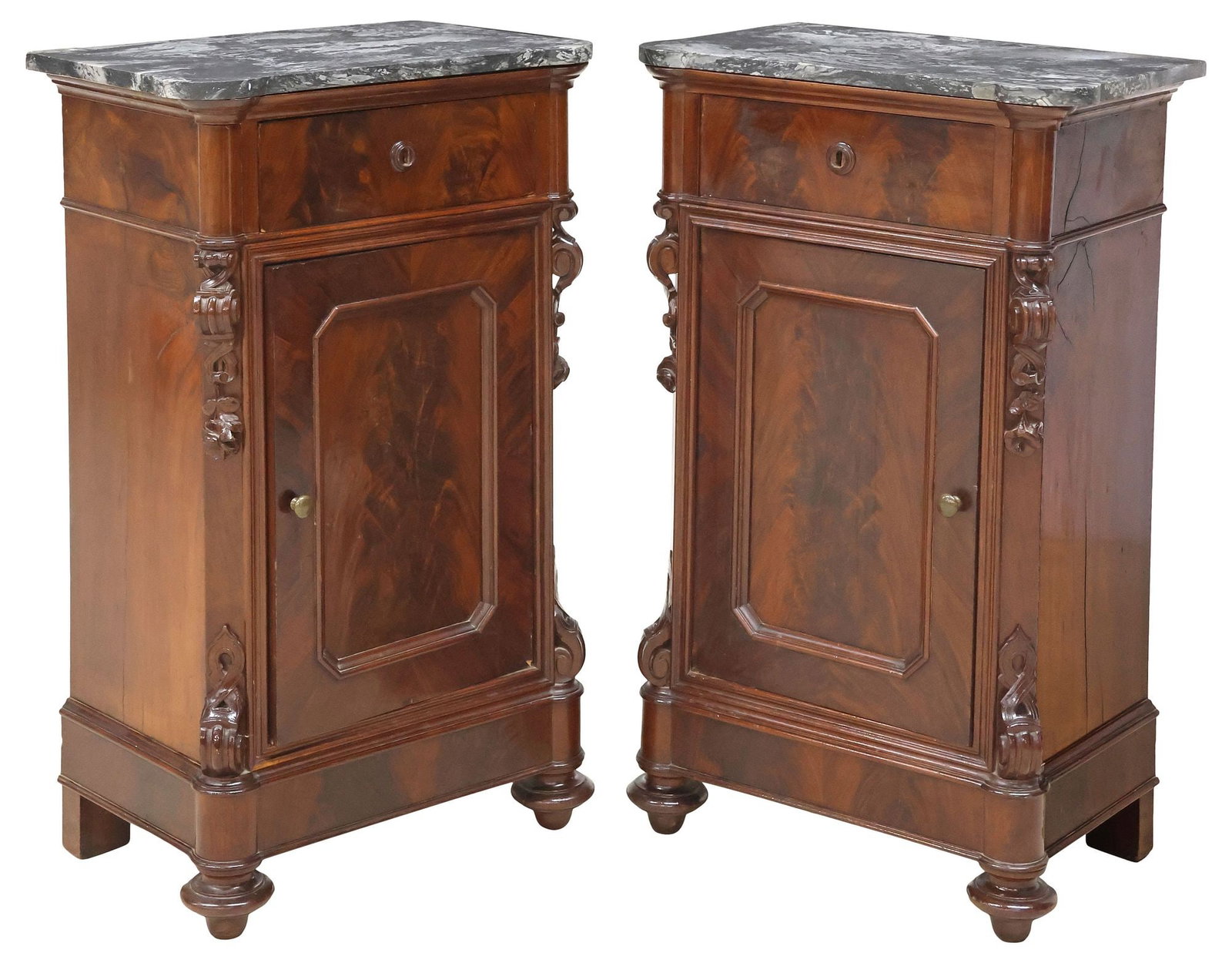 (2) ITALIAN MARBLE-TOP FLAME MAHOGANY BEDSIDE CABINETS (1 of 6)