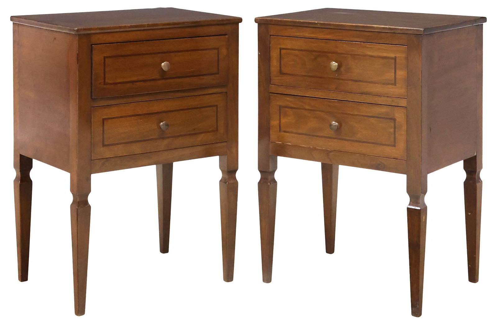(2) ITALIAN NEOCLASSICAL STYLE INLAID WALNUT 2-DRAWER NIGHTSTANDS: (pair) Italian Neoclassical style walnut nightstands, 20th c., each having rectangular case with banded inlay, fitted with two drawers, rising on tapering legs, approx 24.5"h, 17"w, 12.5"d