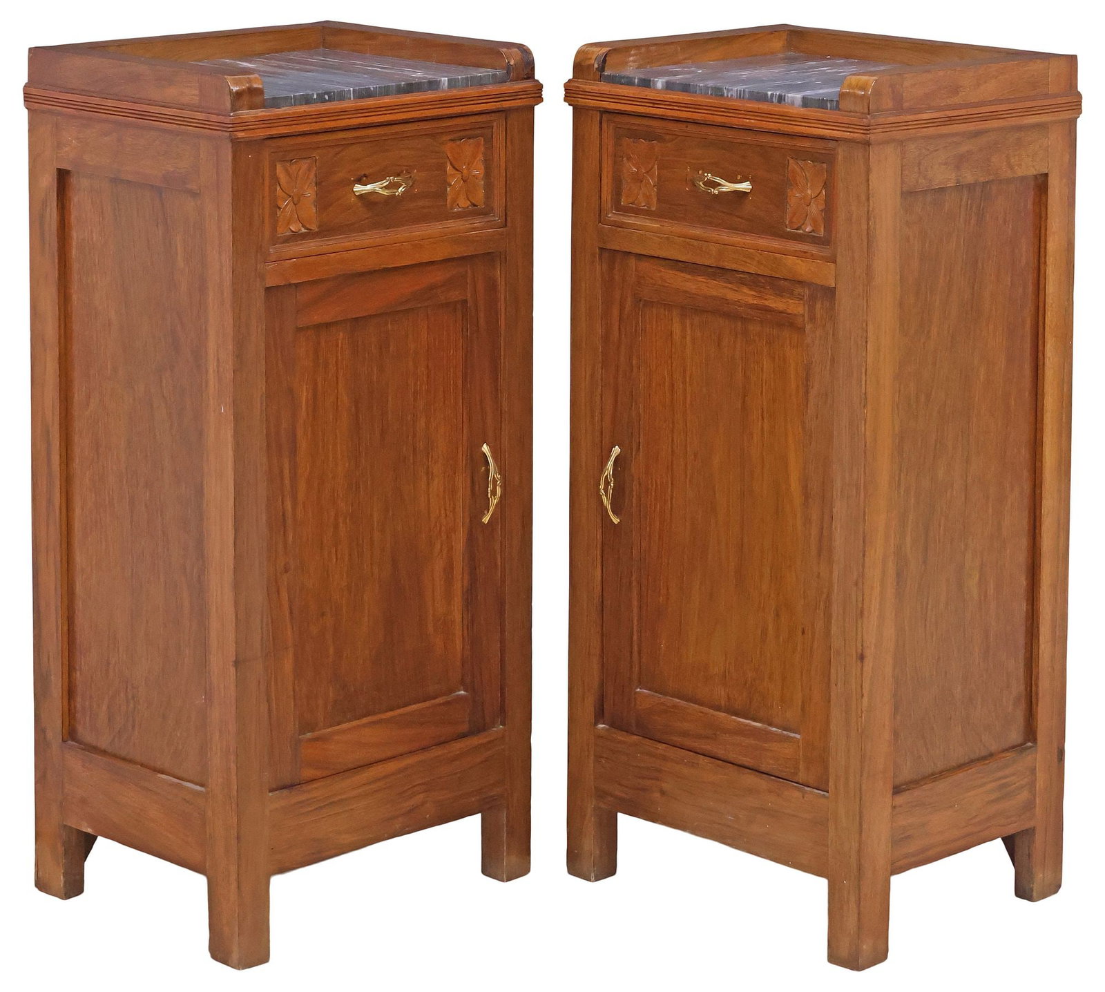 (2) ITALIAN MARBLE-TOP CARVED WALNUT NIGHTSTANDS: (pair) Italian walnut bedside cabinets, late 19th c., inset marble top, over single drawer with carved foliate motifs, and cabinet door with fixed-height shelf, on straight supports, approx 37.5"h, 17