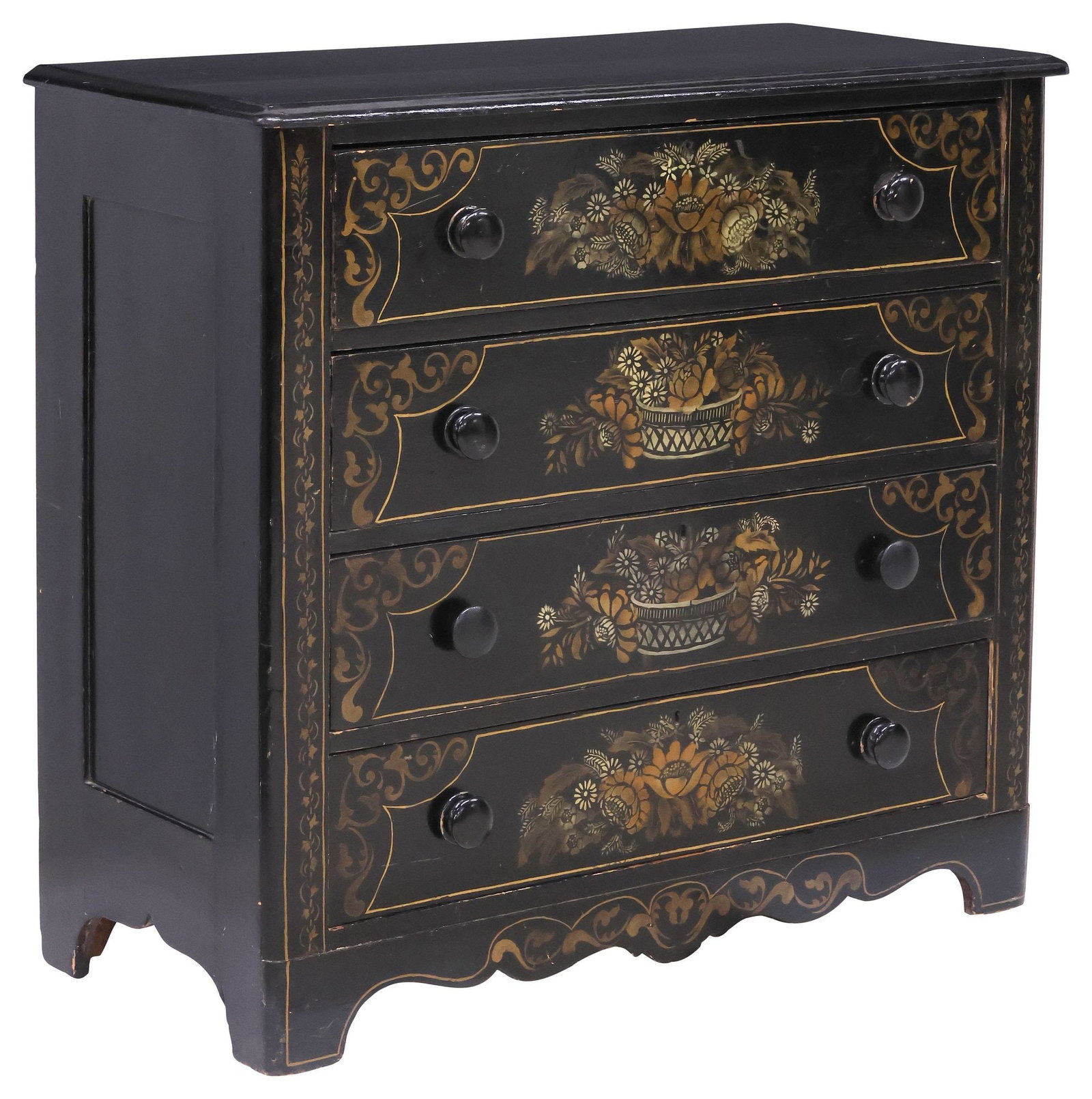 HITCHCOCK-STYLE PAINT-DECORATED BLACK LACQUER CHEST OF DRAWERS, 19TH C. (1 of 5)
