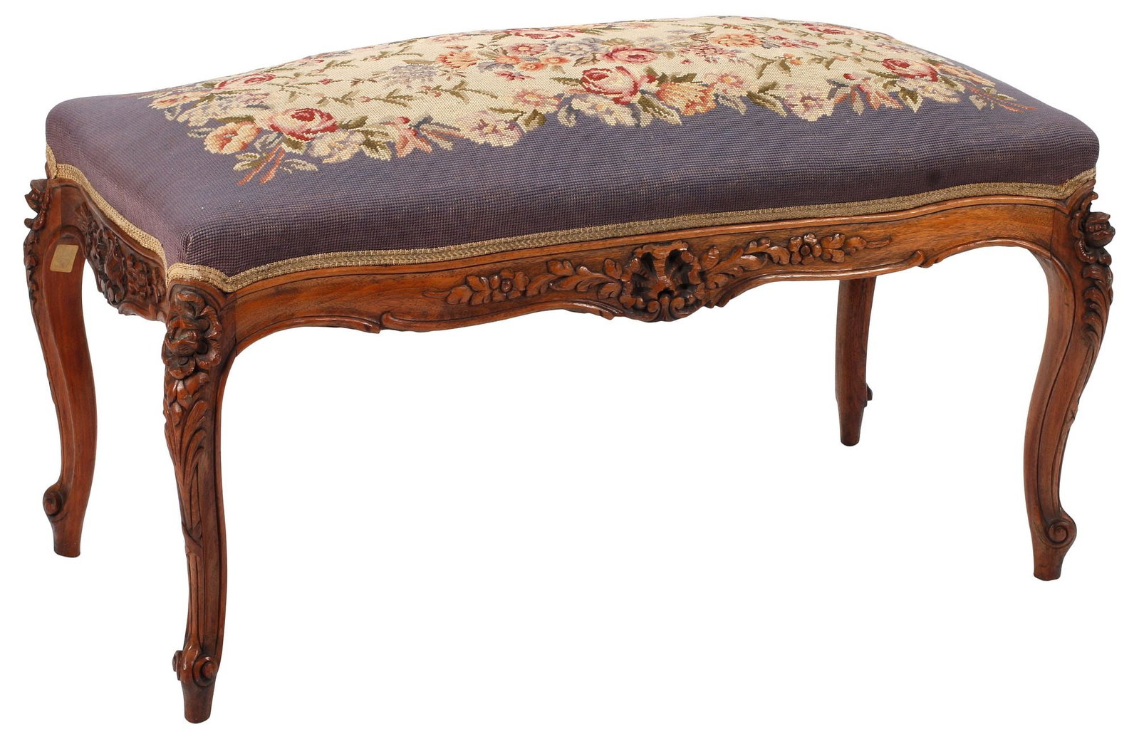 FRENCH LOUIS XV STYLE NEEDLEPOINT UPHOLSTERED CARVED BENCH (1 of 4)