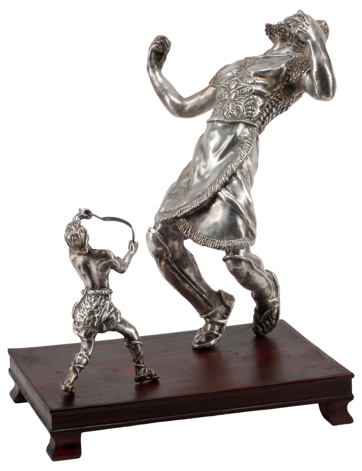 SILVERED CAST METAL FIGURAL GROUP, DAVID & GOLIATH, ON WOOD BASE (1 of 5)