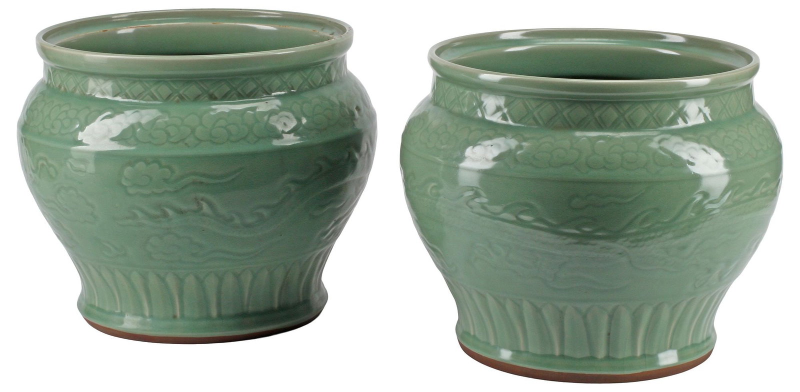 (2) CHINESE CELADON GLAZED PORCELAIN CACHE POTS: (pair) Chinese celadon glazed porcelain cache pots, each with incised dragons and cloud scrollwork, approx 12"h, 13.5"diam, 42lbs total