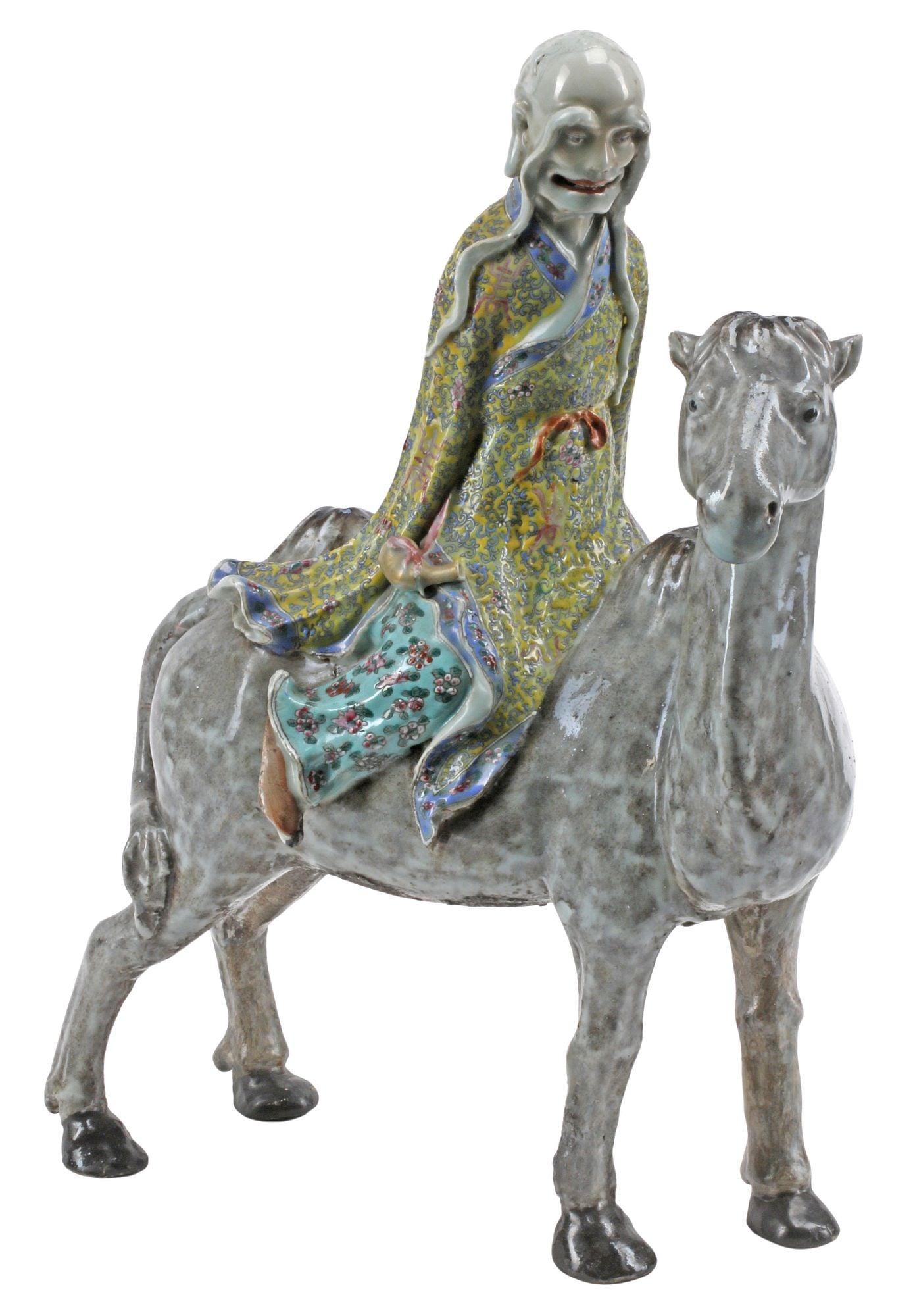 CHINESE POLYCHROME PORCELAIN GROUP, ROBED FIGURE ON CAMEL, 19THC. (1 of 5)