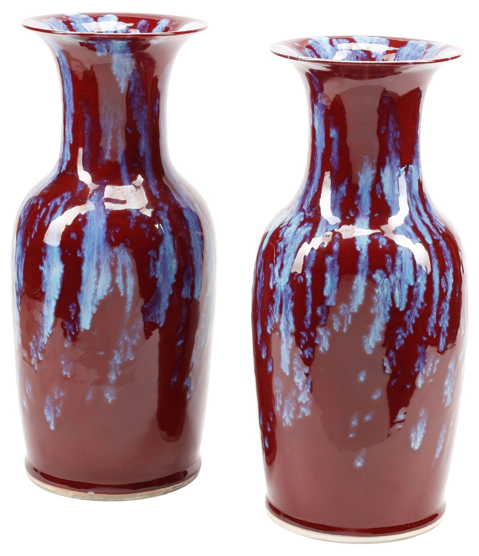 (2) CHINESE FLAMBE-GLAZED PORCELAIN VASES: (pair) Chinese flambe-glazed porcelain vases, with incised mark underfoot, approx 19.5"h, 9"diam, 31lbs total