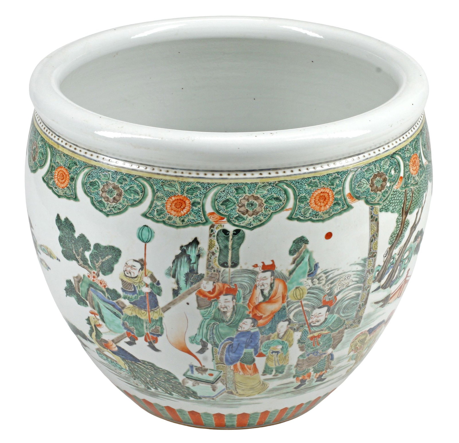 LARGE CHINESE FAMILLE VERTE PORCELAIN FISH BOWL PLANTER: Large Chinese famille verte porcelain fish bowl, figural reserves on white ground, with scrolling foliate and floral trim, approx 18"h, 21"diam, 67lbs