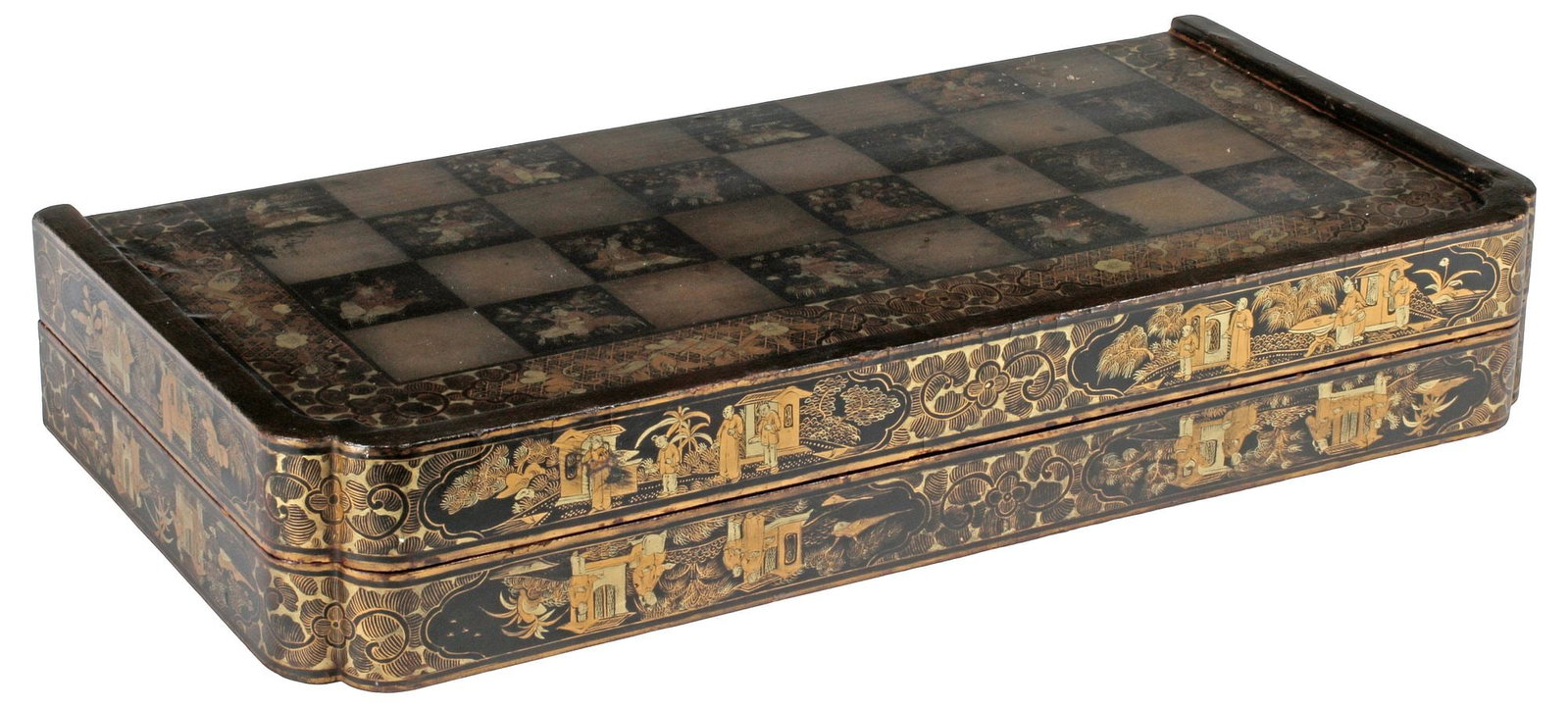 CHINESE PARCEL-GILT BLACK LACQUER FOLDING FAMES BOARD WITH CHESS SET (1 of 6)