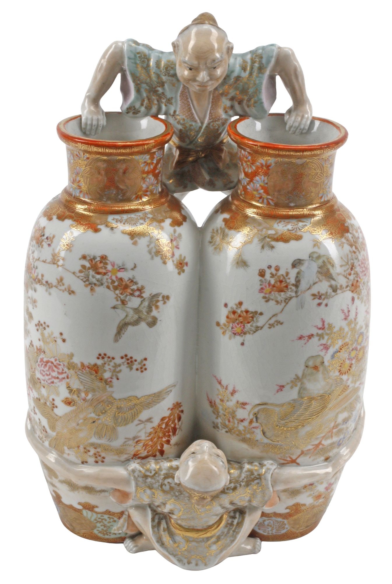 WATANO KICHIJI (1860-1934) 'ASHINAGA-TENAGA' KUTANI PORCELAIN DOUBLE-VASE (1 of 6)