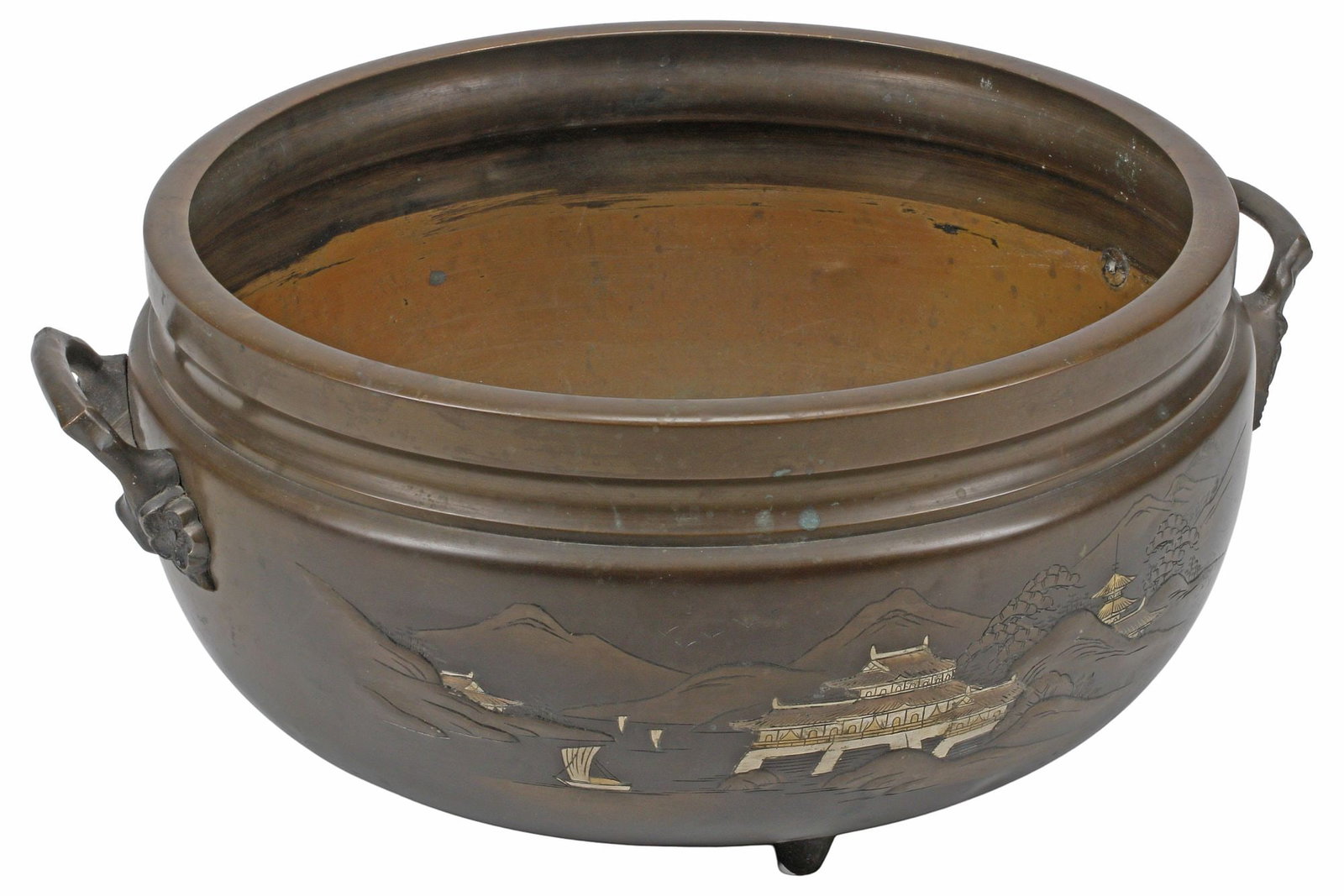 JAPANESE PARCEL-GILT PATINATED METAL HANDLED JARDINIERE / PLANTER (1 of 4)