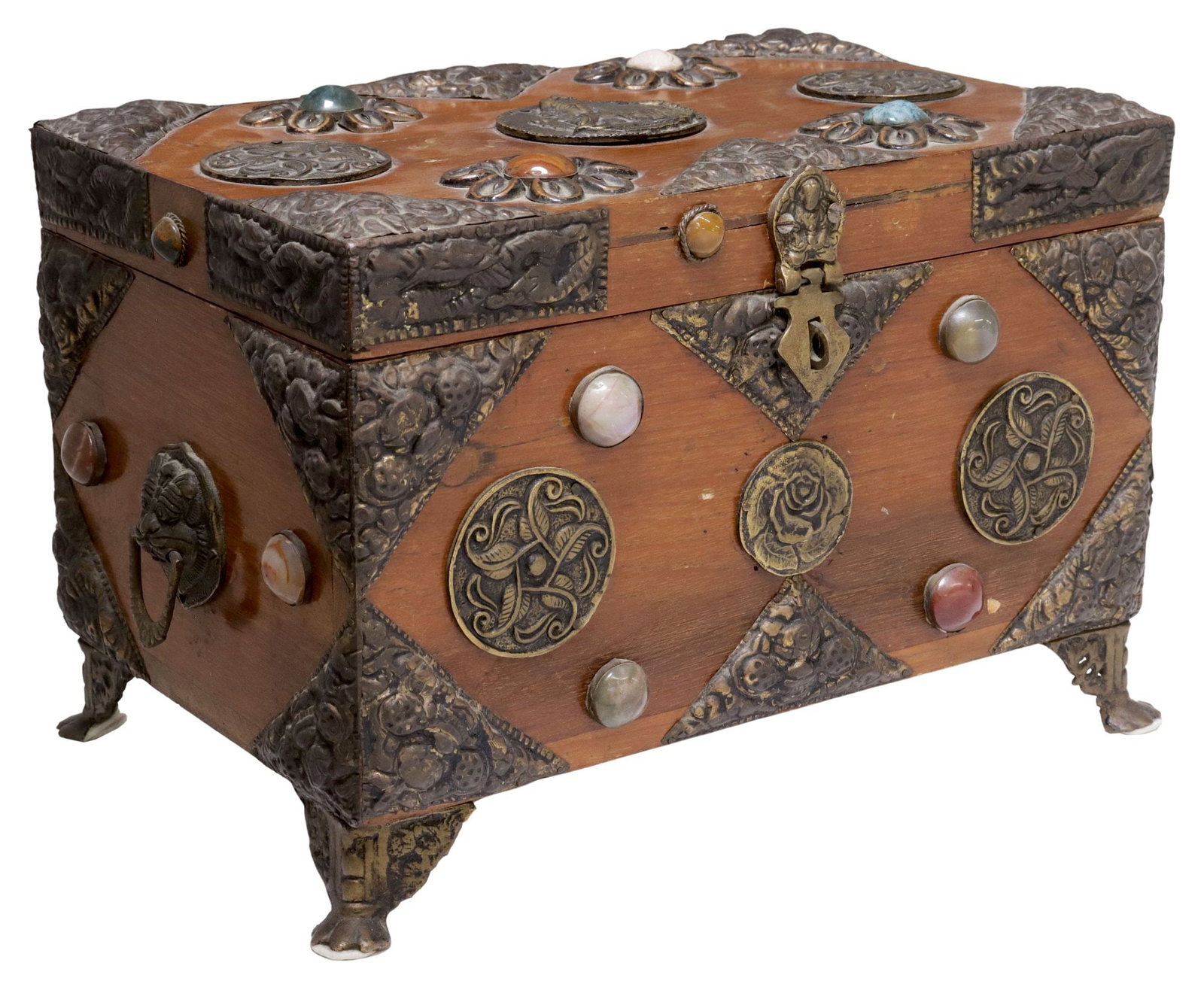 SOUTHEAST ASIAN METAL & STONE-MOUNTED WOOD JEWELRY BOX (1 of 7)