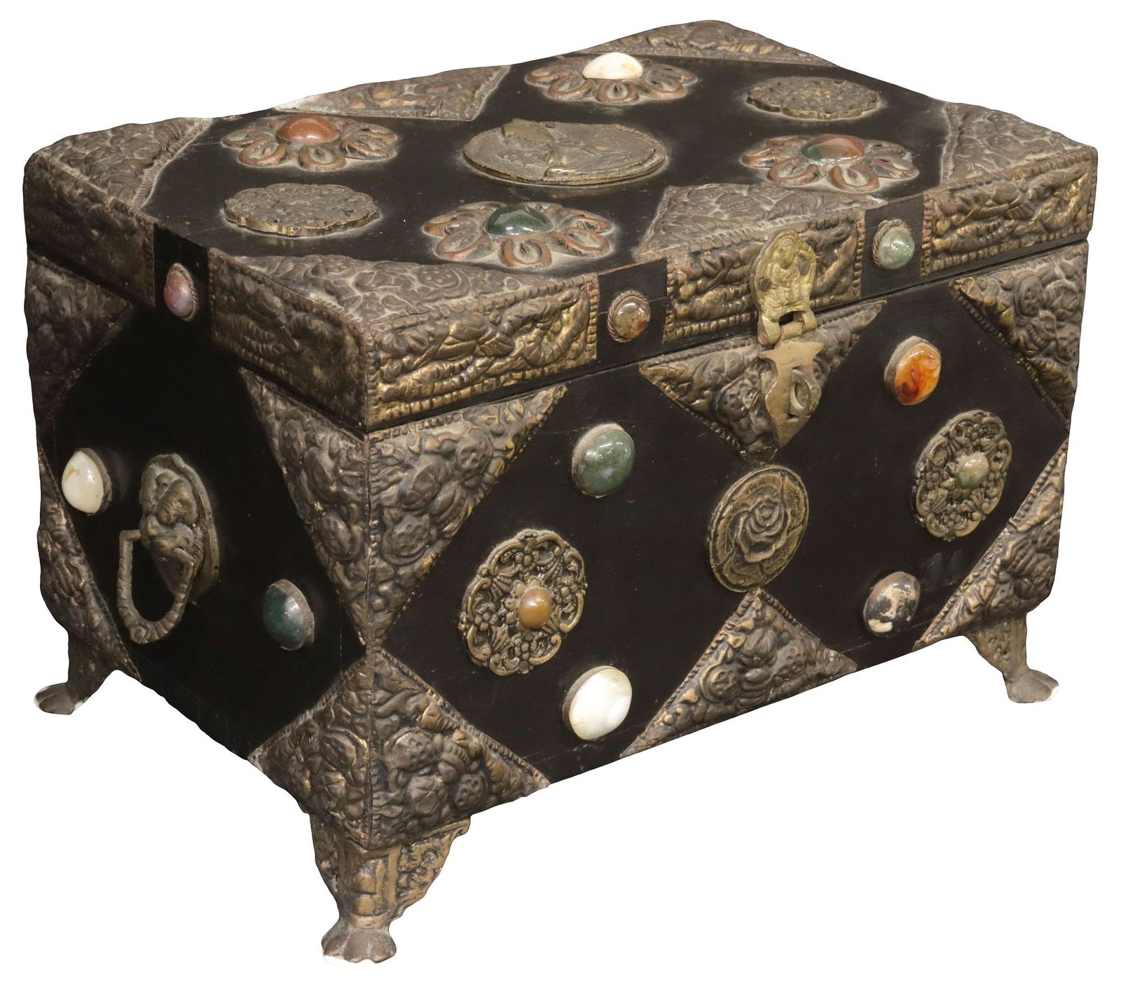 SOUTHEAST ASIAN METAL & STONE-MOUNTED EBONIZED WOOD JEWELRY BOX (1 of 6)