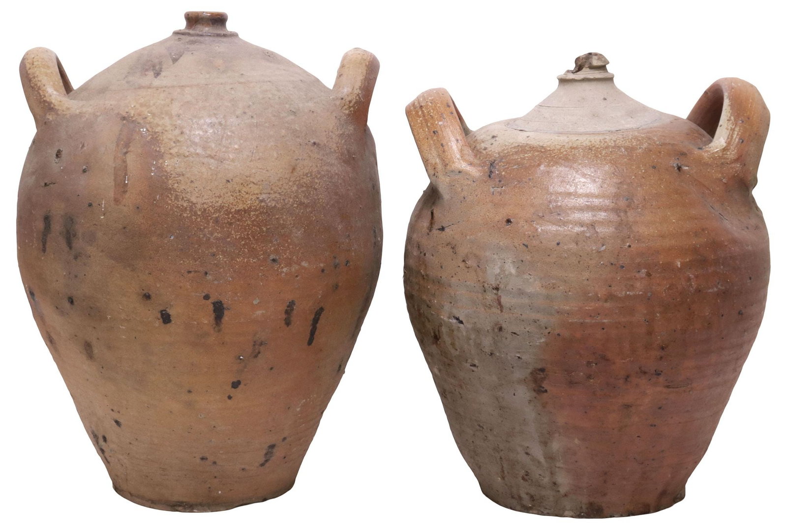 (2) FRENCH PROVINCIAL STONEWARE OIL JUGS: (lot of 2) French Provincial stoneware oil jugs, each with dual side handles, over tapered body, smaller jug with loss to top of spout, largest: approx 15"h, 11"diam, 23.3lbs total