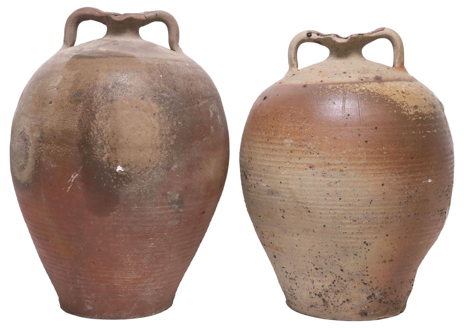 (2) FRENCH PROVINCIAL STONEWARE OIL JUGS: (lot of 2) French Provincial stoneware oil jugs, each with small pinched spout and dual handles, over tapered body, largest: approx 16.5"h, 12"diam, 23.25lbs total
