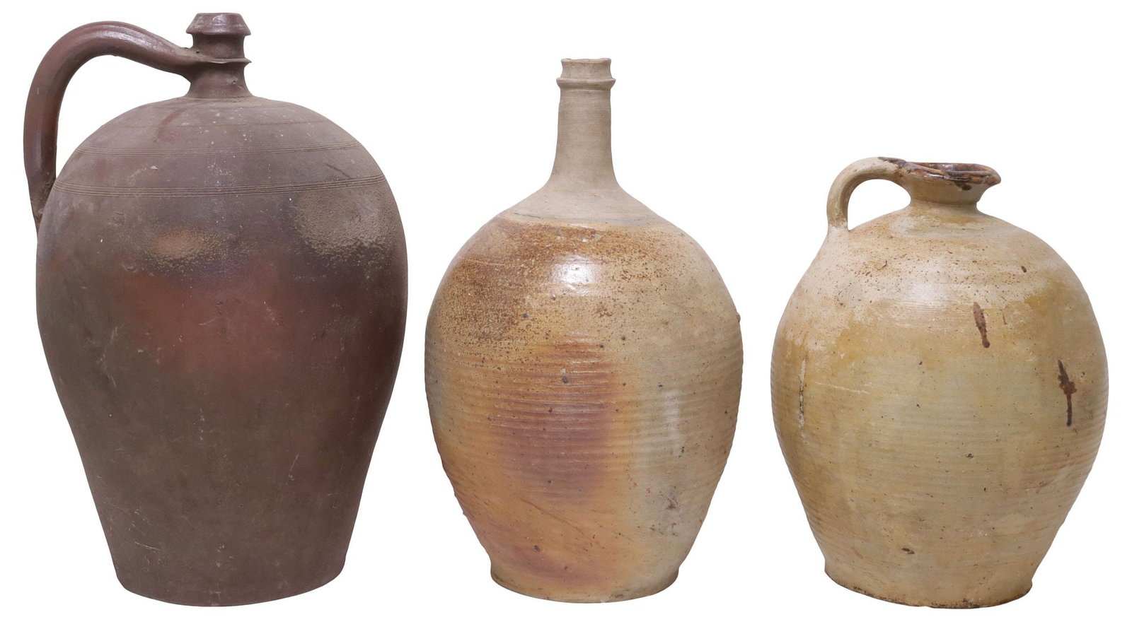 (3) FRENCH PROVINCIAL STONEWARE OIL JUGS / VESSELS: (lot of 3) French Provincial stoneware oil jugs, each with tapered body, including: (2) with single handle; (1) with narrow spout, largest: approx 16"h, 10"diam, 21lbs total