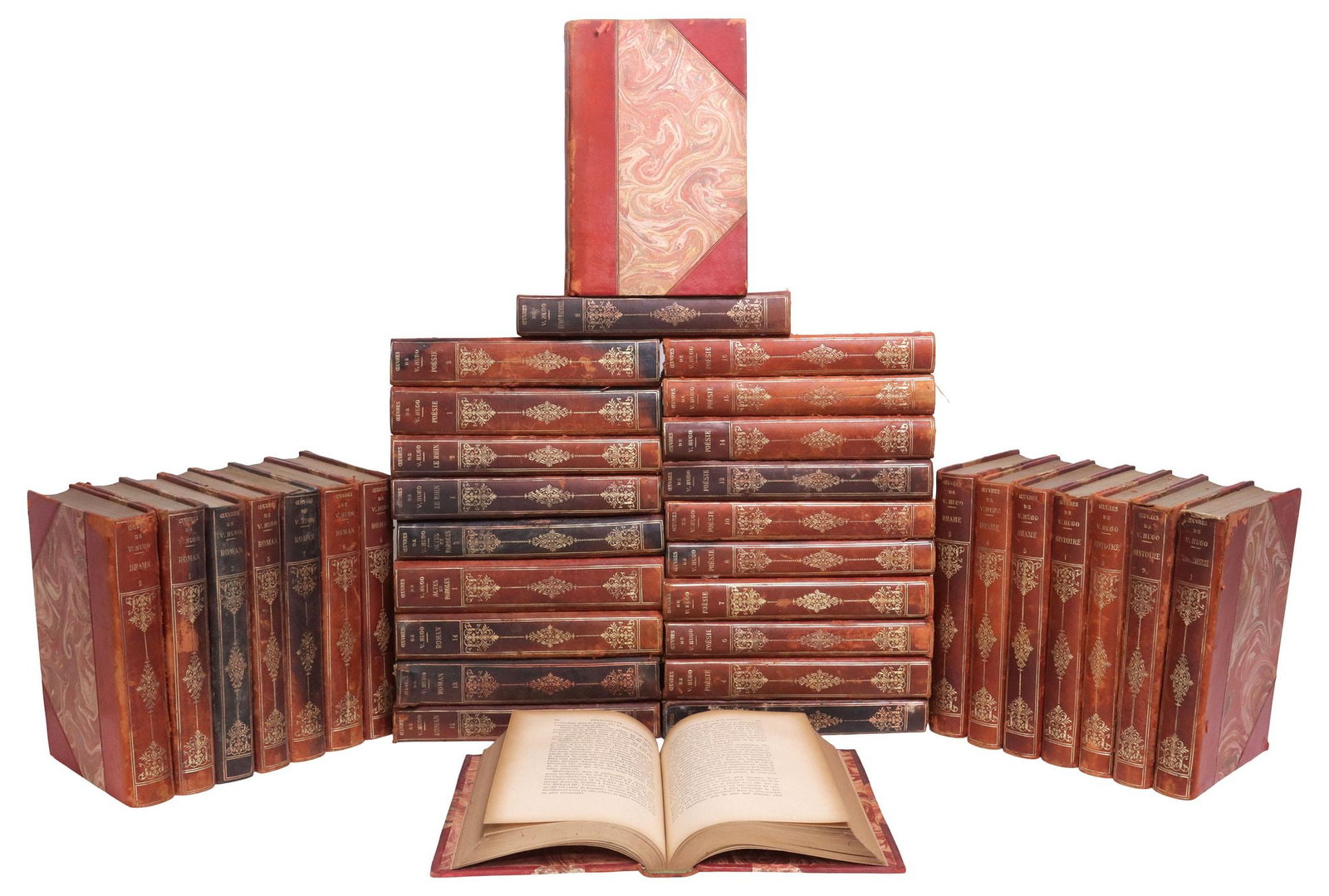 (36) FRENCH LEATHER-BOUND LIBRARY SHELF BOOKS BY VICTOR HUGO (1 of 4)