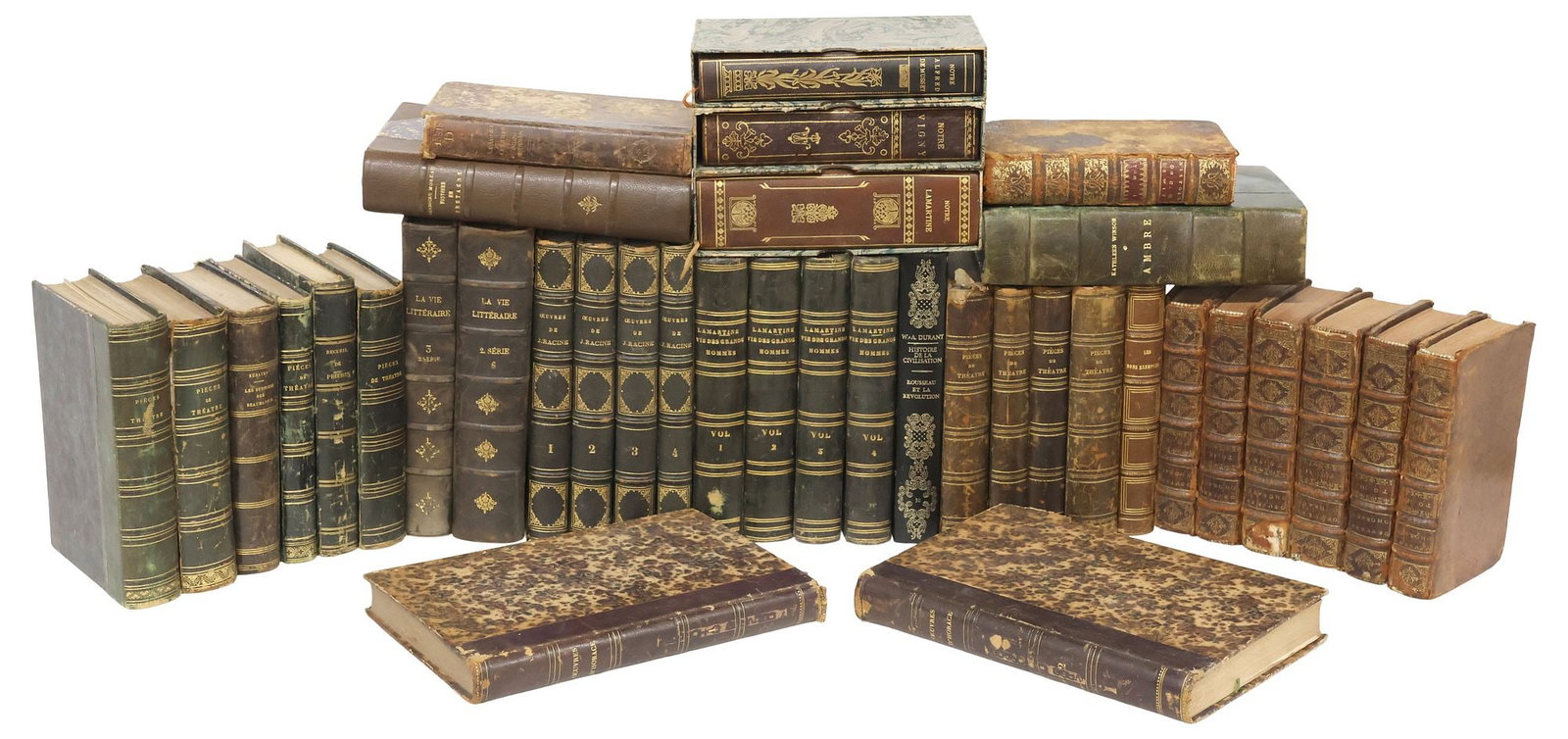 (37) FRENCH LEATHER-BOUND LIBRARY SHELF BOOKS, HISTORY & THEATER (1 of 4)