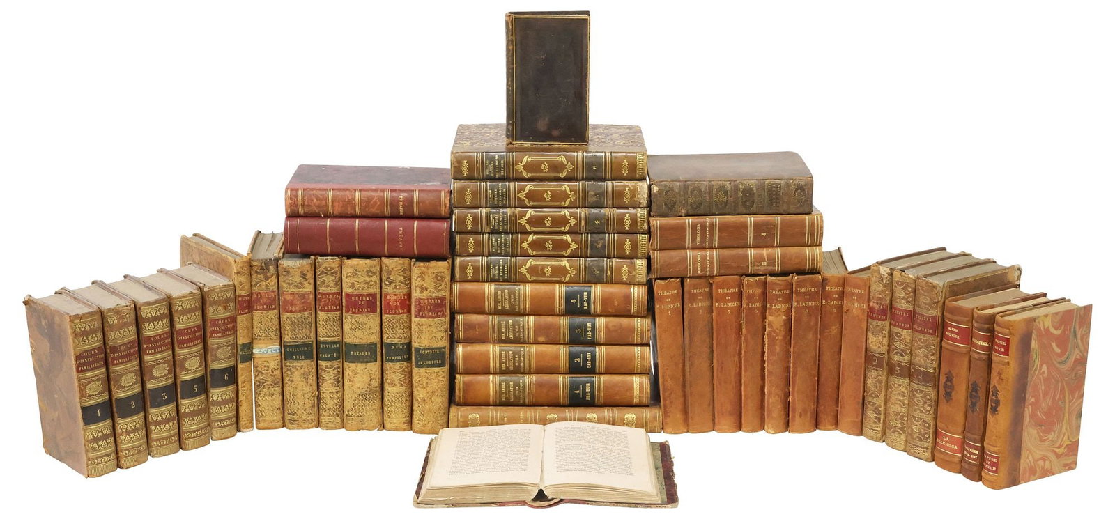 (43) FRENCH LEATHER-BOUND LIBRARY SHELF BOOKS, THEATER & NON-FICTION (1 of 4)