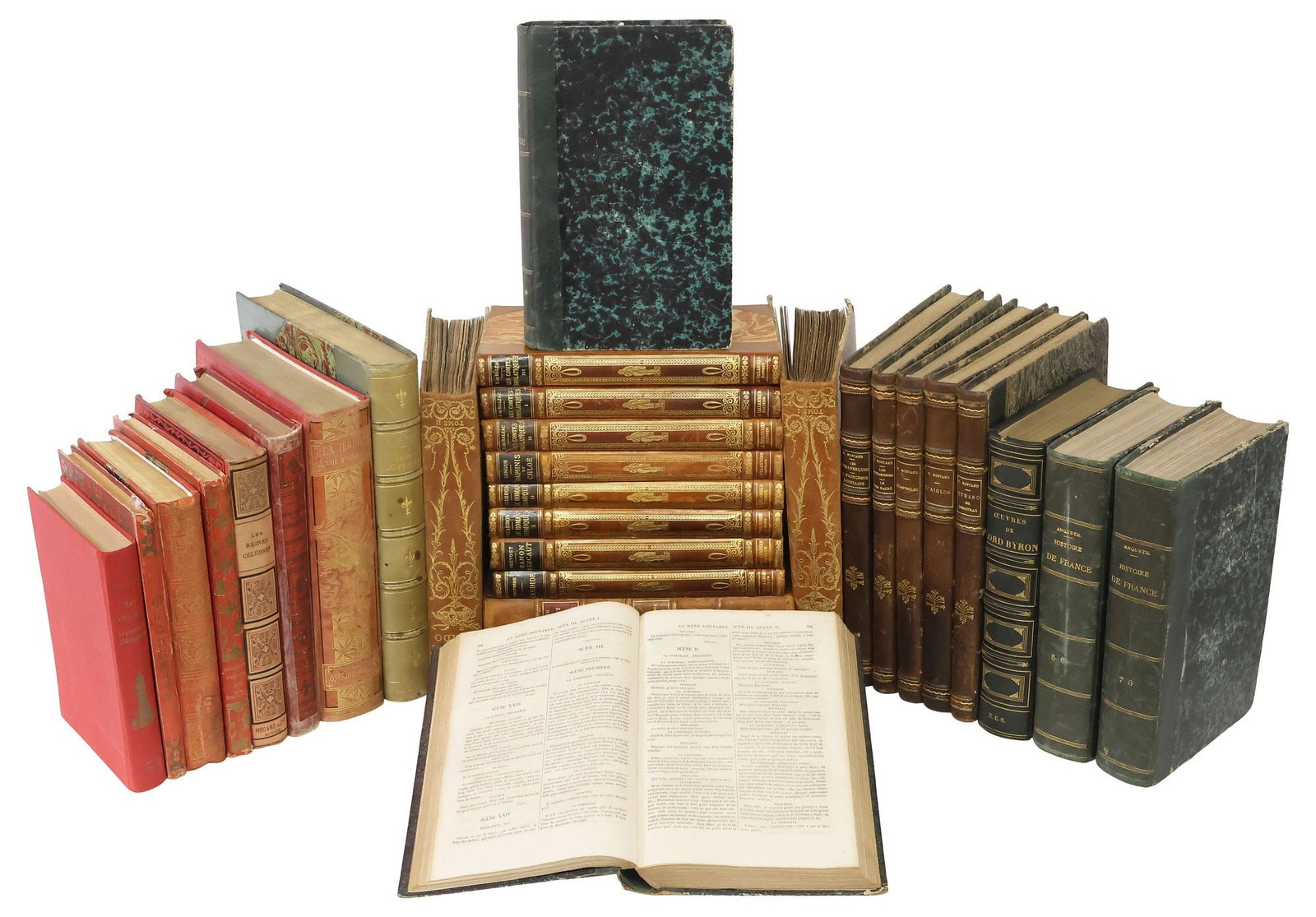 (31) FRENCH LEATHER-BOUND LIBRARY SHELF BOOKS, THEATER & NON-FICTION (1 of 4)
