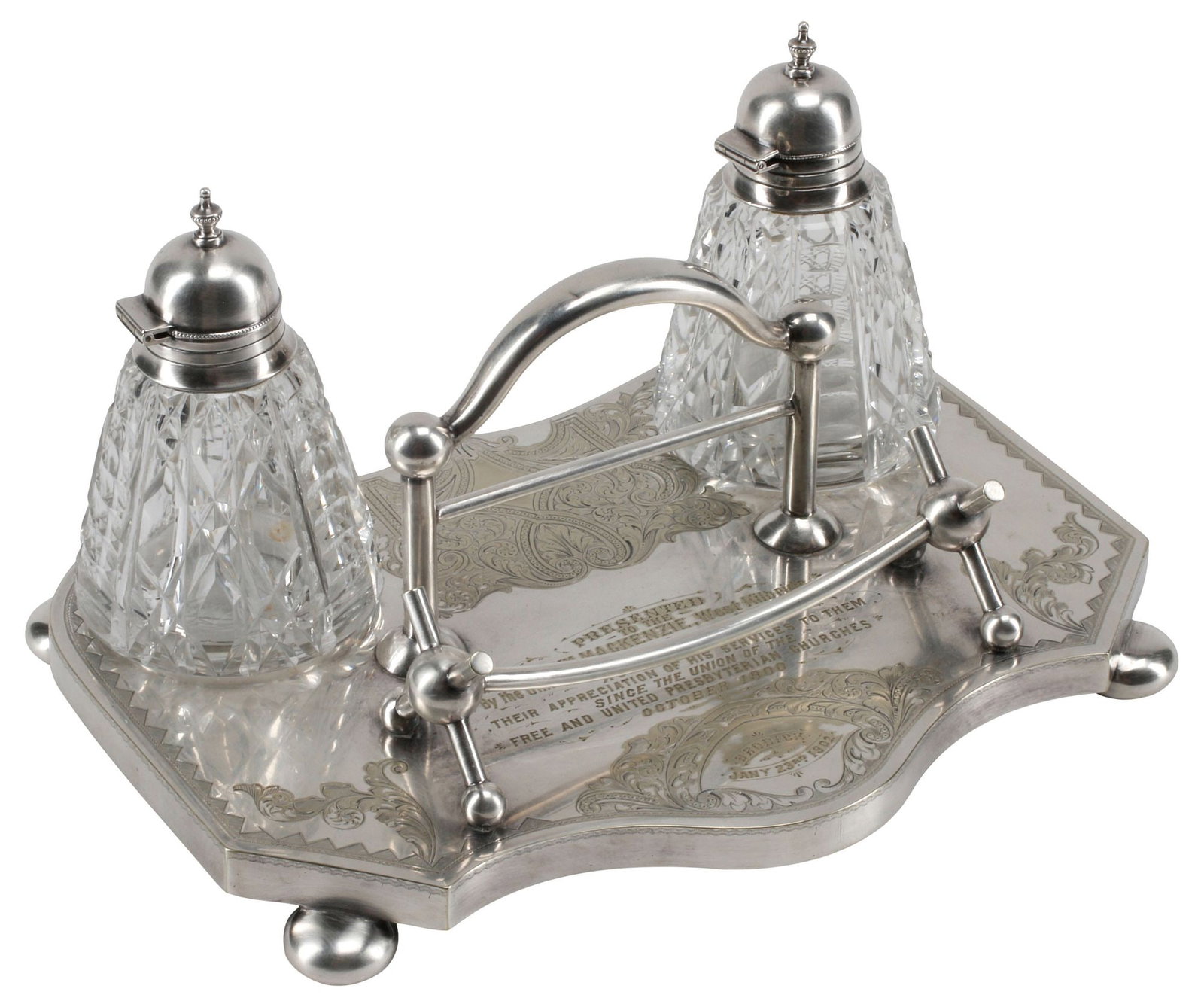 ENGLISH SHEFFIELD GEORGE WISH SILVERPLATE DESK STAND W/ RELIGIOUS PRESENTATION (1 of 5)