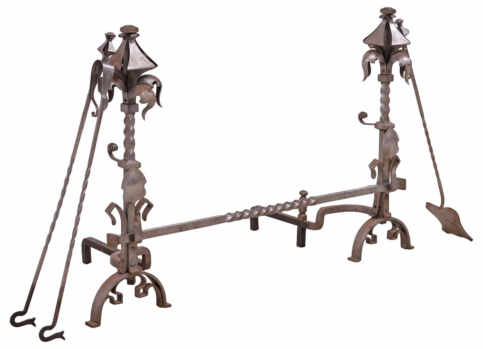 (4) GOTHIC STYLE WROUGHT IRON FIREPLACE SET, CHENETS / ANDIRONS & TOOLS (1 of 5)