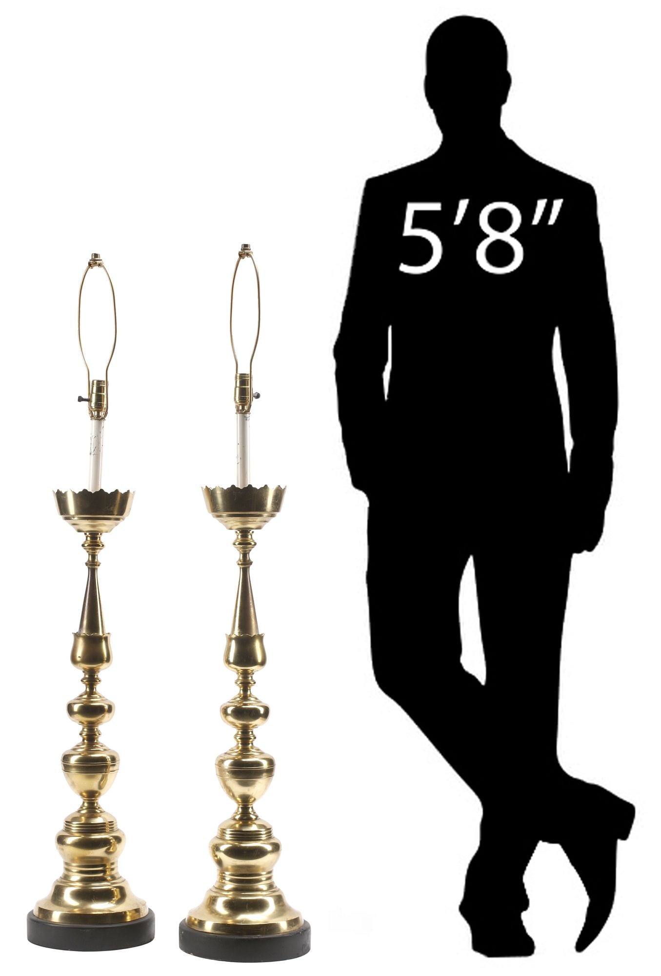 (2) LARGE GILT-METAL CANDLESTICK-FORM 1-LIGHT LAMPS, 48.5"H: (pair) Large gilt-metal candlesticks, now fashioned as single-light lamps, each having turned-form standard with faux candle, on circular base, (1) observed operating, (1) equipped with US wiring, not