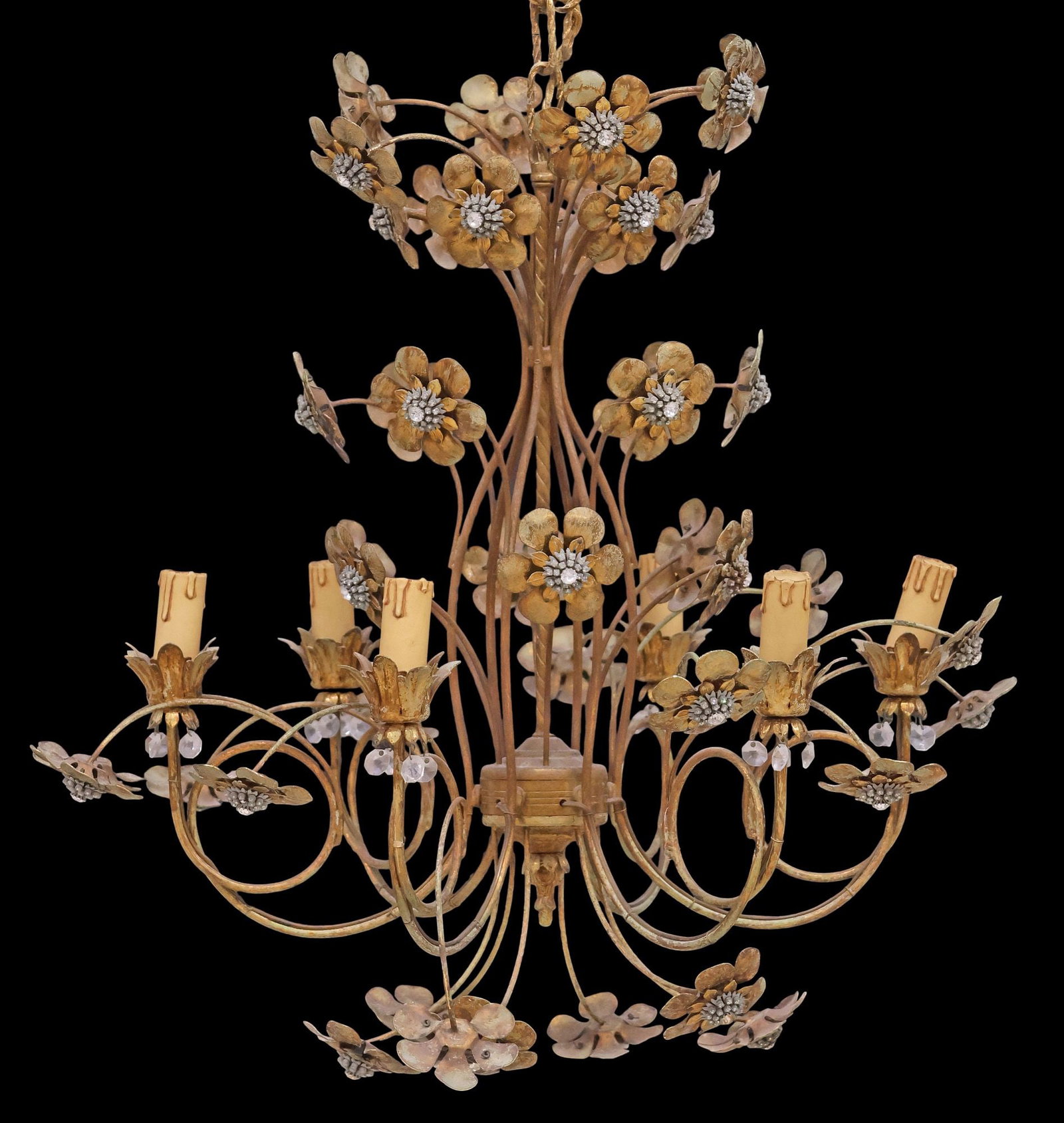 ITALIAN GILT IRON & CRYSTAL FLORAL 5-LIGHT CHANDELIER (1 of 4)
