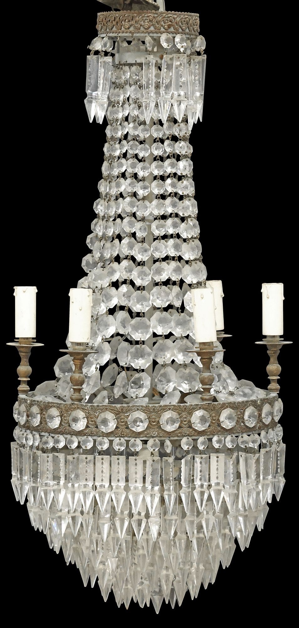 ITALIAN EMPIRE STYLE SAC-DE-PEARL CRYSTAL BEADED 6-LT CHANDELIER: Italian Empire style sac-de-pearl six-light chandelier, 20th c., tiered silver-tone metal frame, hung with crystal-beaded swags, enclosing single light, hoop frame issuing flat bobeche with faux candl