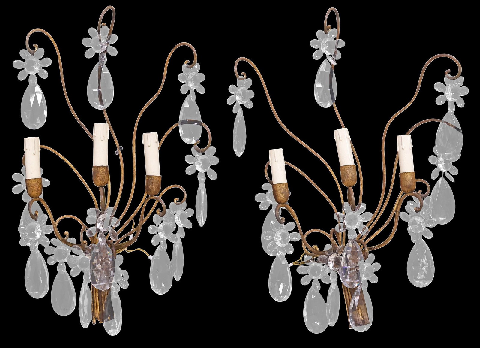 (2) ITALIAN GILT-IRON & CRYSTAL SCROLLED 3-LIGHT WALL SCONCES: (pair) Italian gilt-iron and crystal three-light wall sconces, 20th c., each having scrolled frame, issuing three arms with cup-form bobeches and faux candles, hung with floriform beads and faceted cr