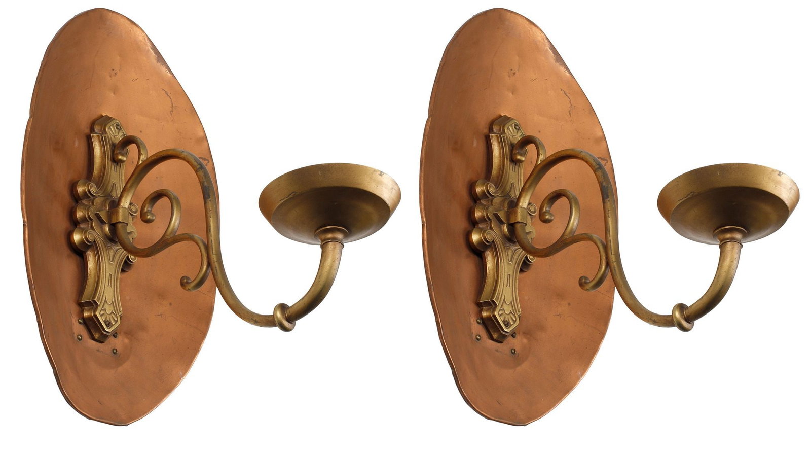 (2) SPANISH STYLE COPPER & BRASS 1-LIGHT CANDLE PRICKET WALL SCONCES: (pair) Spanish-style brass and copper candle sconces, each having ovular wall mount, issuing scrolled arm with single candle pricket, not currently electrified, approx 21"h, 13"w, 17"d, 18lbs total
