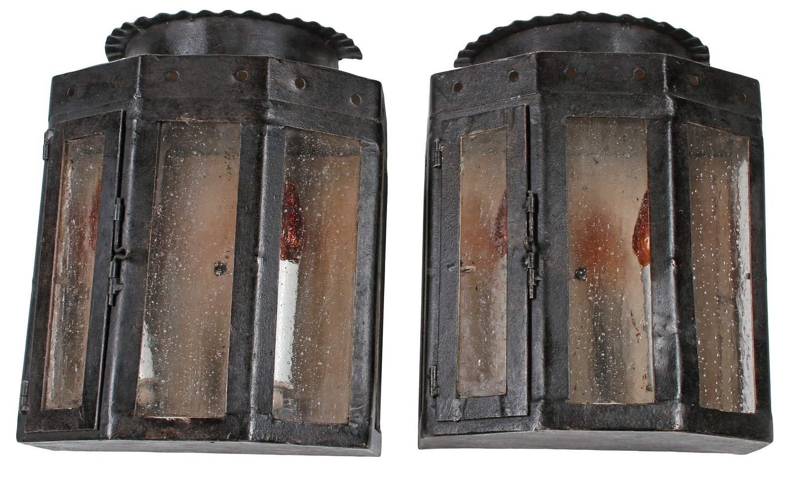 (2) TOLE & GLASS WALL LANTERNS: (pair) Tole wall lanterns, each with fluted top over glass panels, in need of wiring, approx 15"h, 12"w, 6"d, 23lbs total