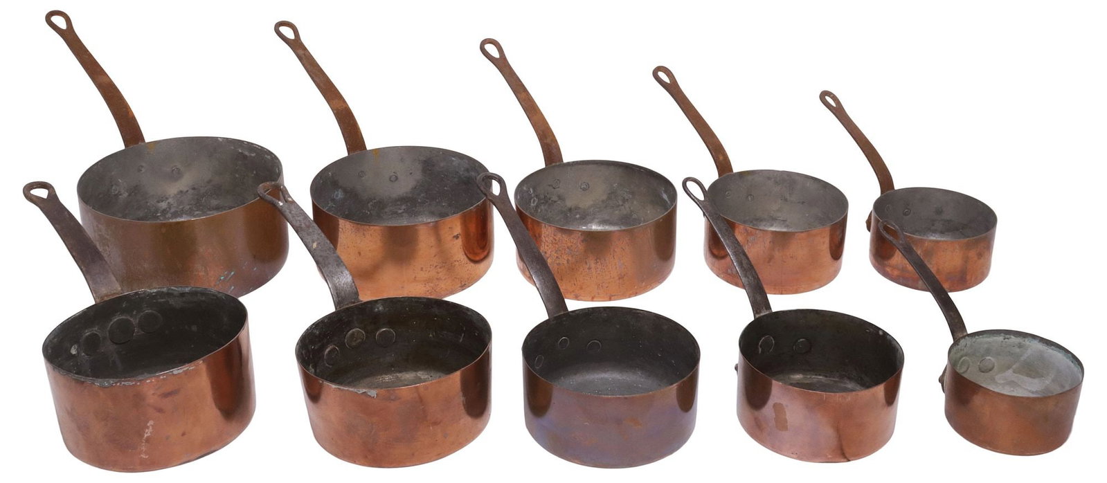 (10) RUSTIC FRENCH COPPER GRADUATED SAUCEPANS, TWO SETS (1 of 3)