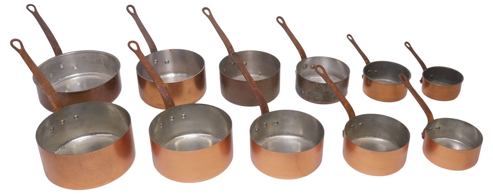 (11) FRENCH COPPER GRADUATED SAUCEPANS, 6 FABRICATIONS FRANCAISE (1 of 3)