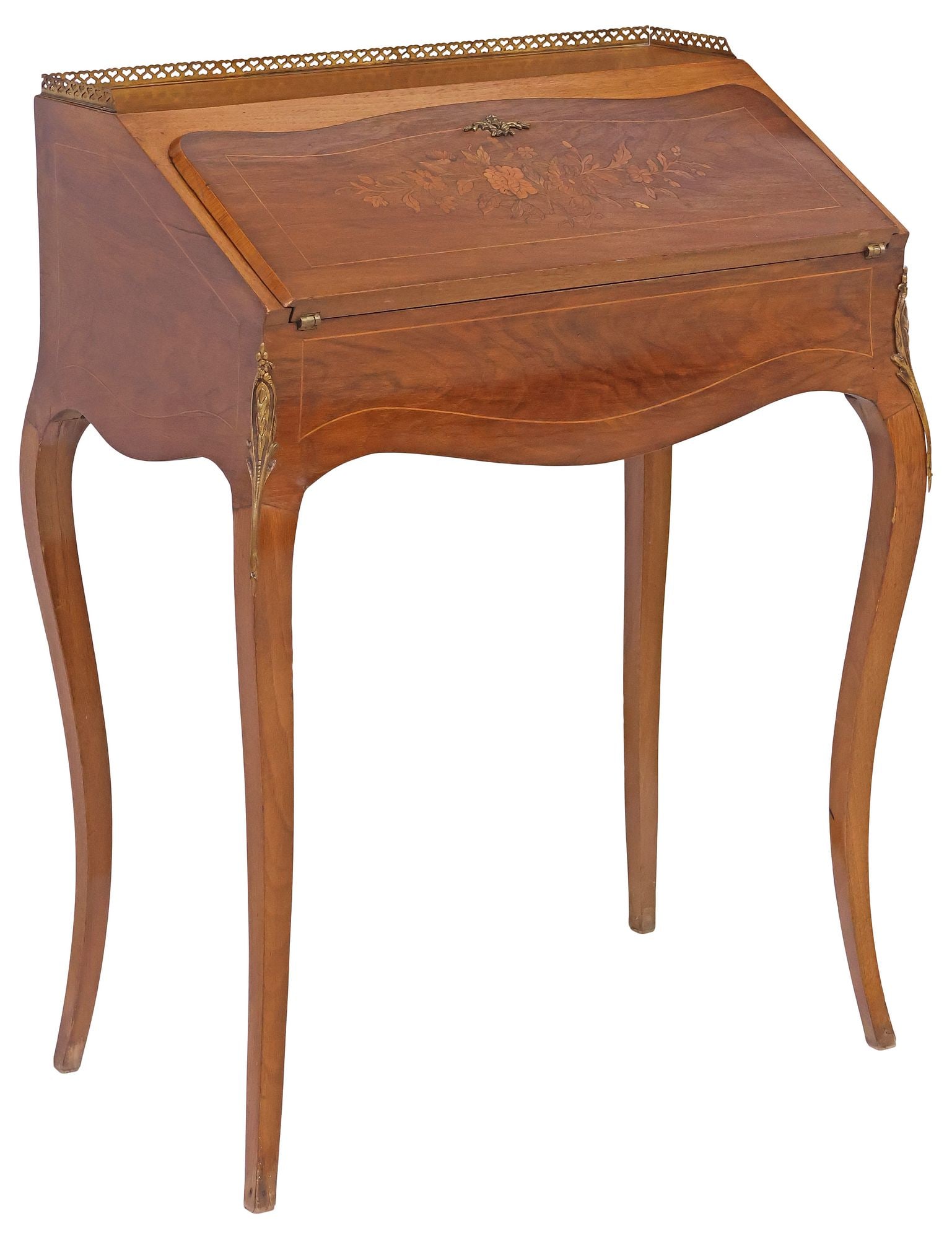 FRENCH LOUIS XV STYLE MARQUETRY-INLAID WALNUT LADIES WRITING DESK: French Louis XV style inlaid walnut bonheur du jour/ ladies' writing desk, early 20th c., having pierced gilt-metal three-quarter gallery, above slant-front case with floral marquetry spray and string