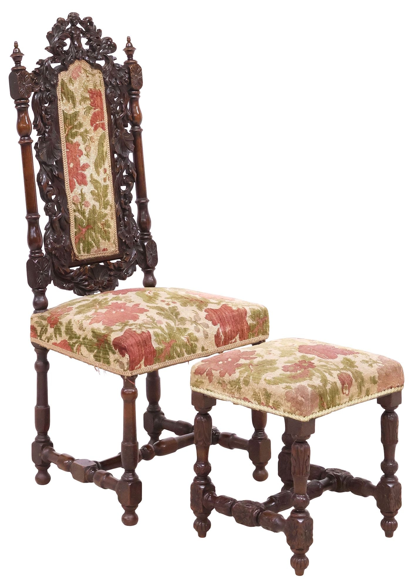 (2) FRENCH HENRI II STYLE CARVED WALNUT UPHOLSTERED CHAIR & OTTOMAN (1 of 6)