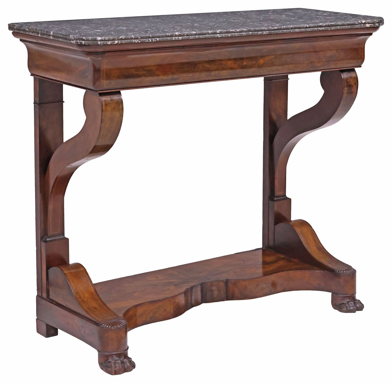 FRENCH LOUIS PHILIPPE PERIOD MARBLE-TOP INLAID MAHOGANY CONSOLE TABLE (1 of 7)