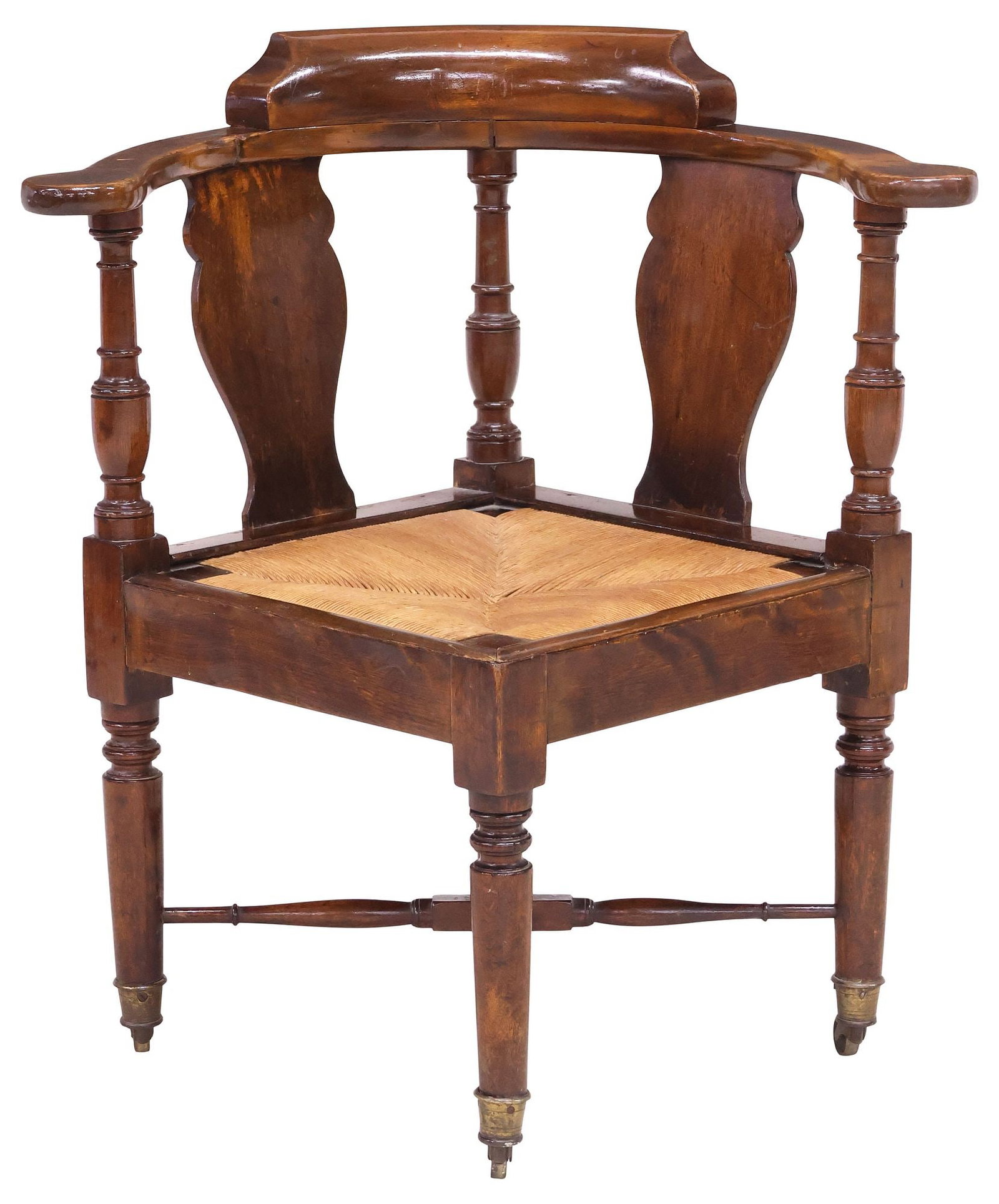 ENGLISH GEORGIAN STYLE WALNUT RUSH SEAT CORNER CHAIR ON CASTERS (1 of 3)