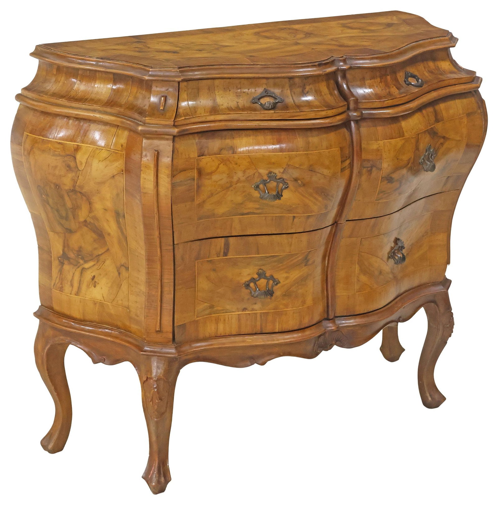 VENETIAN LOUIS XV STYLE INLAID PATCHWORK BOMBE COMMODE: Italian Venetian Louis XV style patchwork chest of drawers, 20th c., shaped bombe case with inlaid stringwork trim, fitted with two small drawers, over two long drawers, rising on cabriole legs and tr