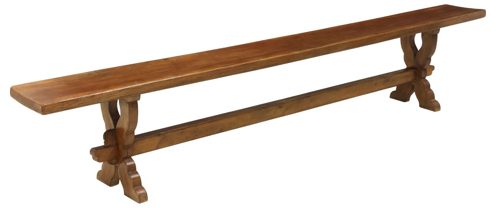 FRENCH PROVINCIAL OAK TRESTLE FARMHOUSE BENCH, 99"L (1 of 4)