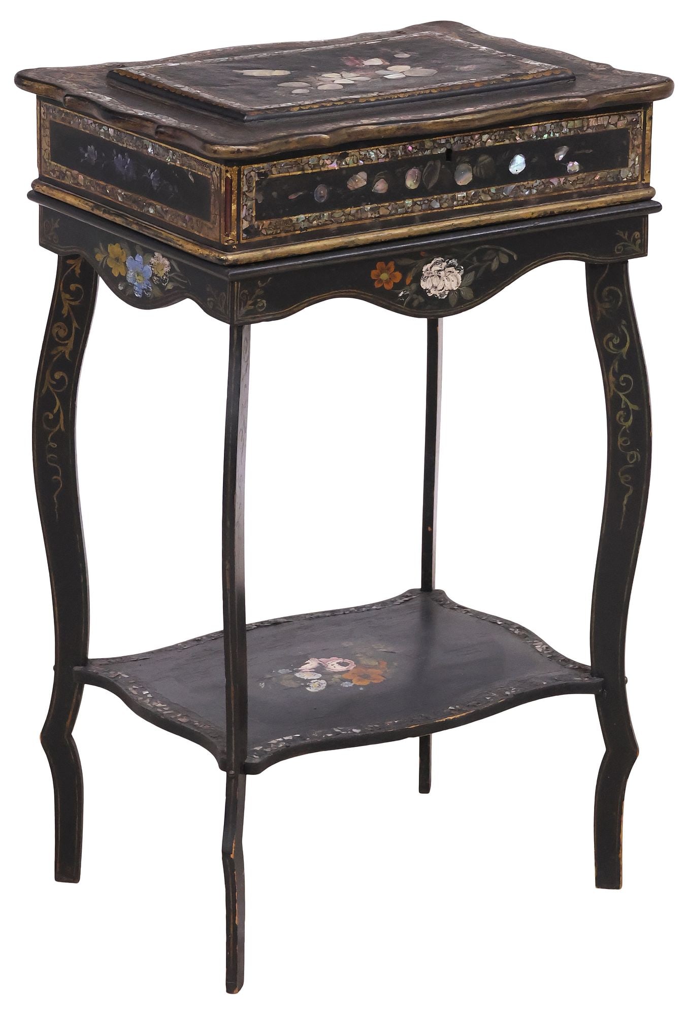VICTORIAN LACQUERED & MOP-INLAID PAPIER-MACHE LIFT-TOP SEWING TABLE (1 of 7)